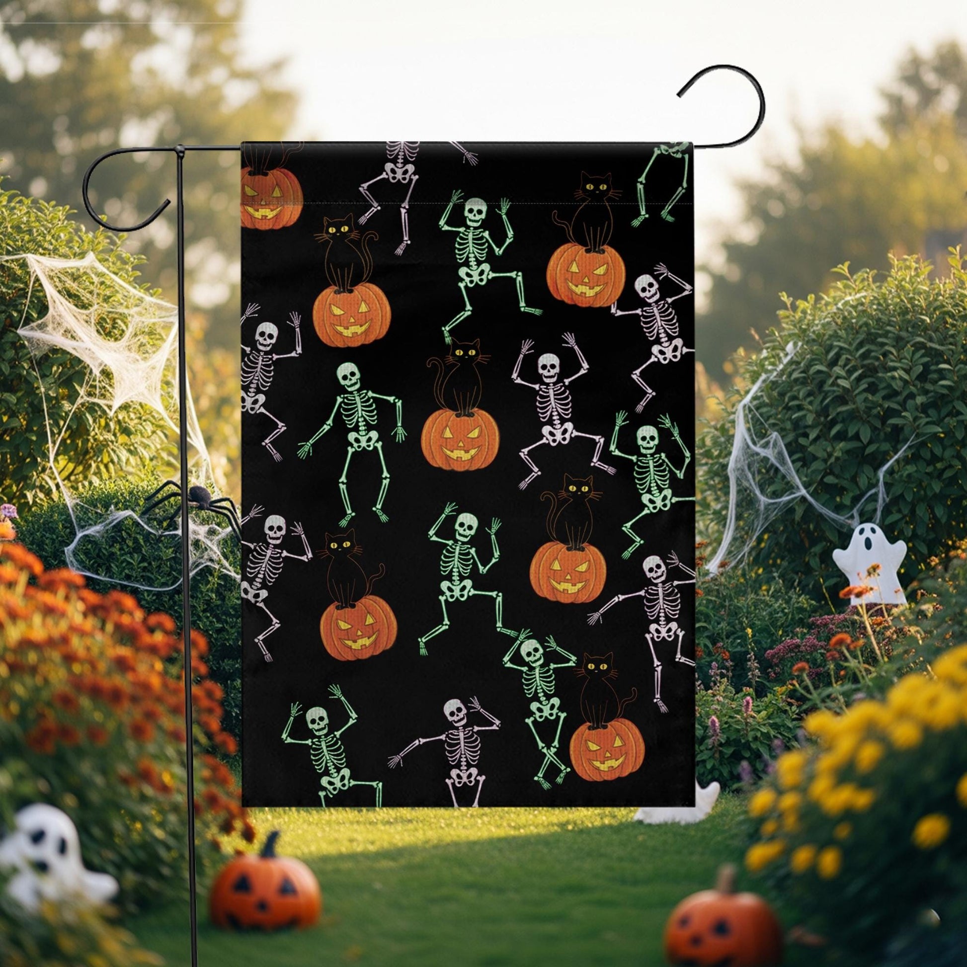 Halloween Garden Flag – Dancing Skeletons, Black Cats & Pumpkins Outdoor Yard Decoration