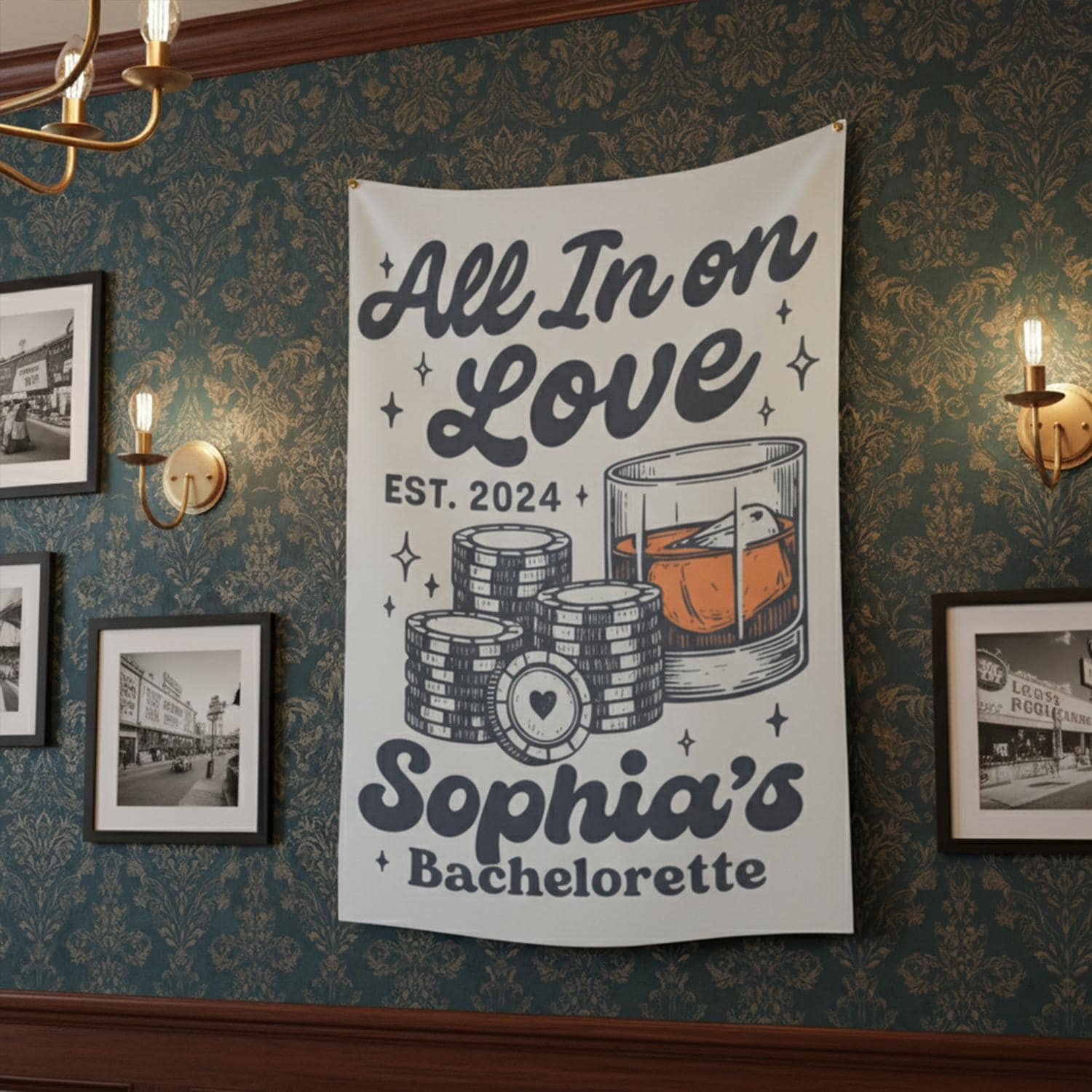 Bachelorette Tapestry, All In on Love, Custom Name and Date, Party Wall Banner, Pink or Blue