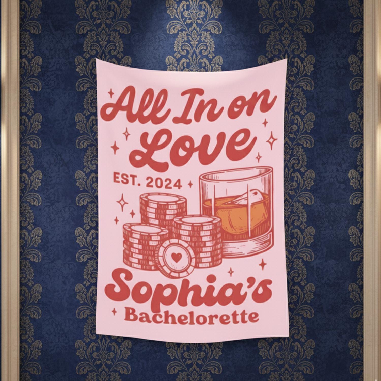 Bachelorette Tapestry, All In on Love, Custom Name and Date, Party Wall Banner, Pink or Blue