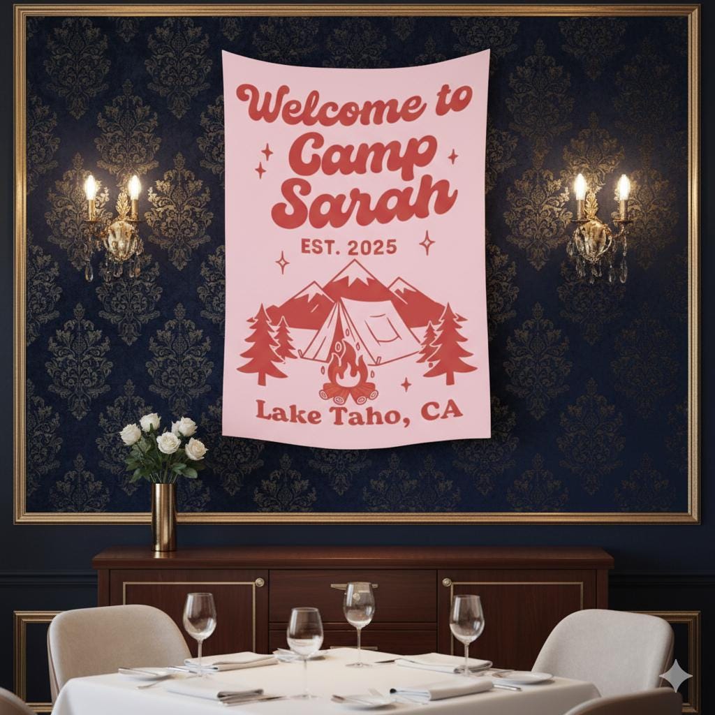 Camp Theme Tapestry, Custom Name and Location, Tent and Mountain Illustration, Party Wall Banner
