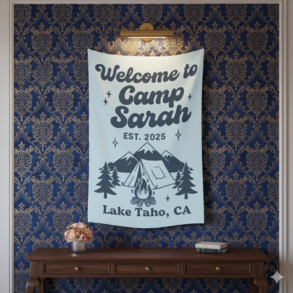 Camp Theme Tapestry, Custom Name and Location, Tent and Mountain Illustration, Party Wall Banner