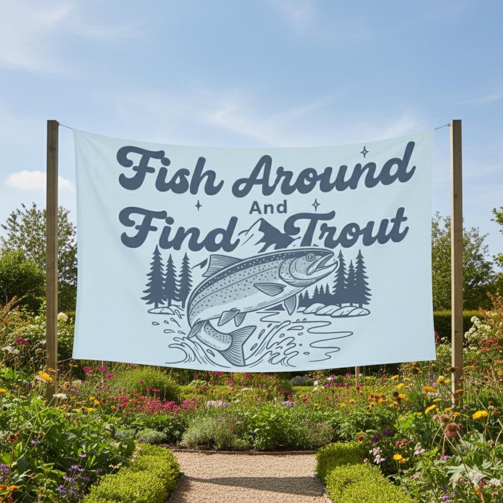 Trout Fishing Tapestry, Mountain and River Illustration, Wall Banner, Pink or Blue