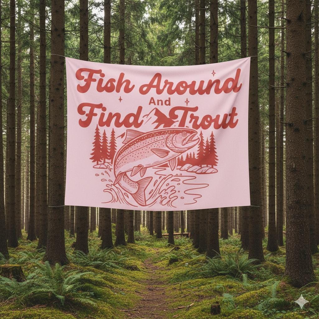 Trout Fishing Tapestry, Mountain and River Illustration, Wall Banner, Pink or Blue