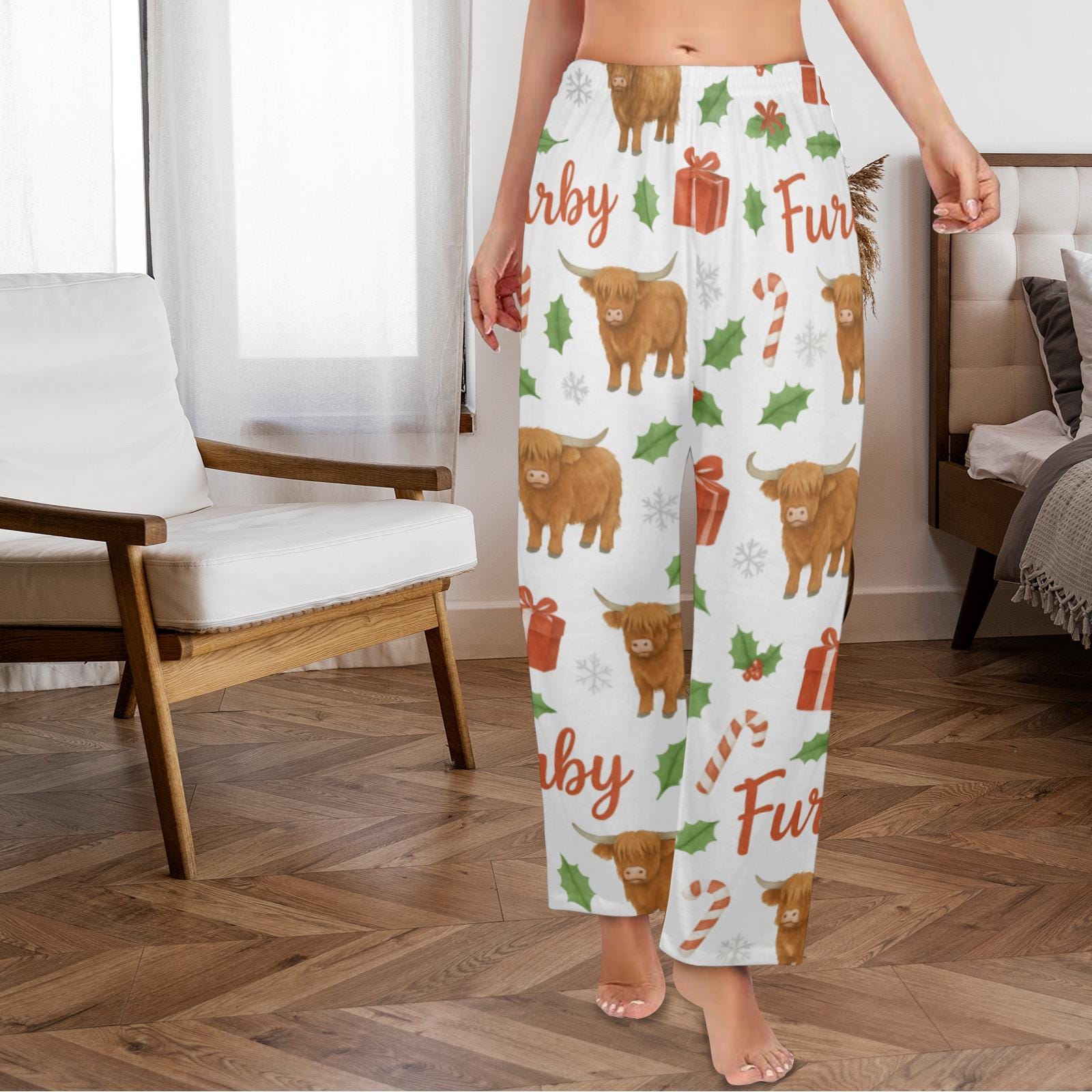 Custom Name Highland Cow Pajama Pants: Christmas Cow Lover Gift