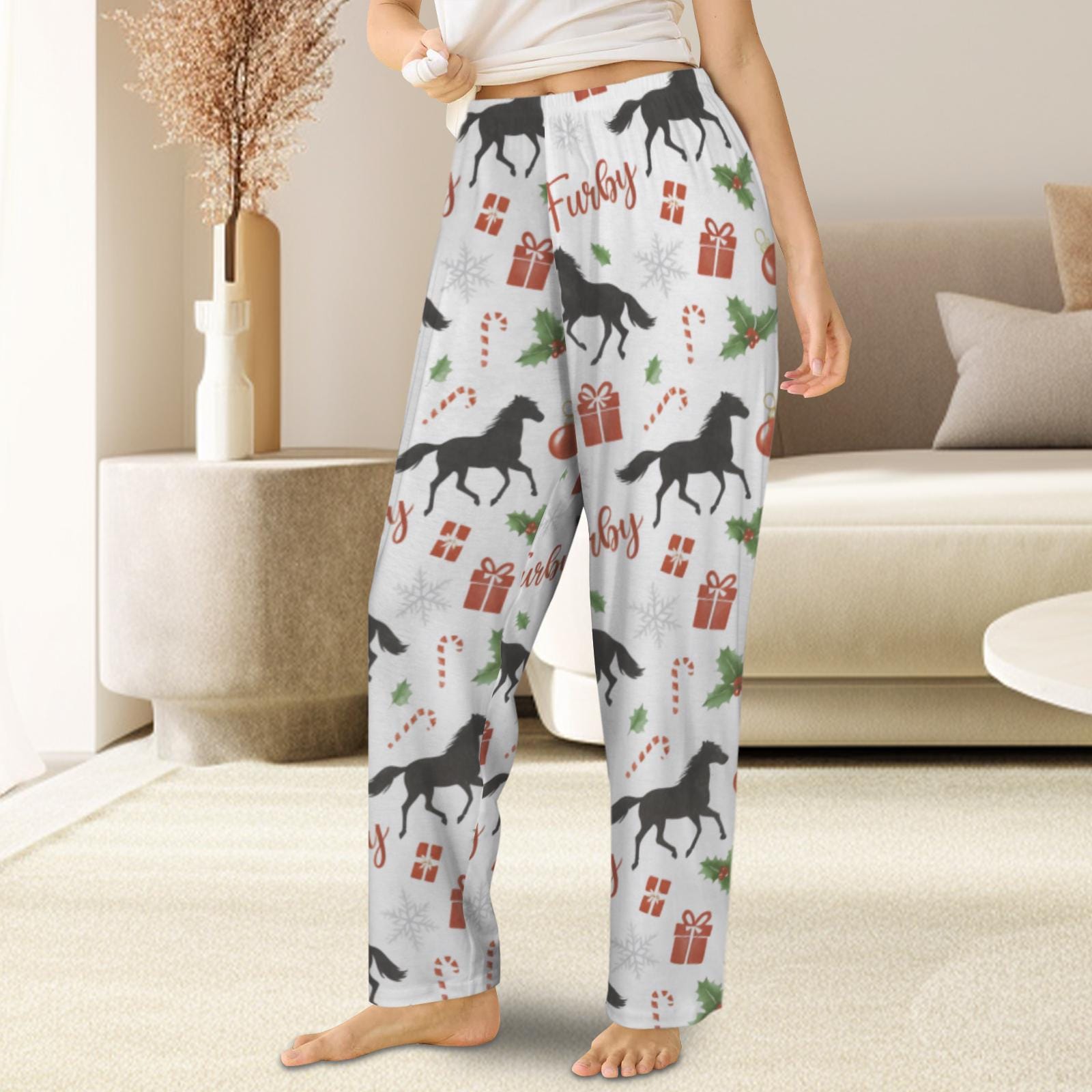 Horse Print Pajama Pants, Christmas Pattern, Elastic Waist, Women’s Loungewear