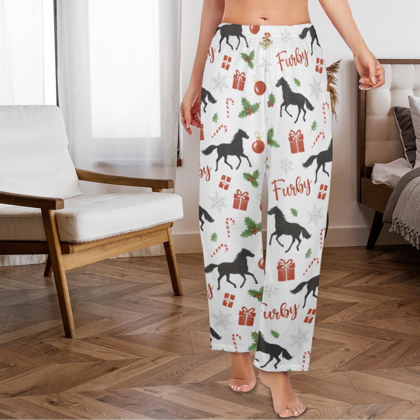 Horse Print Pajama Pants, Christmas Pattern, Elastic Waist, Women’s Loungewear