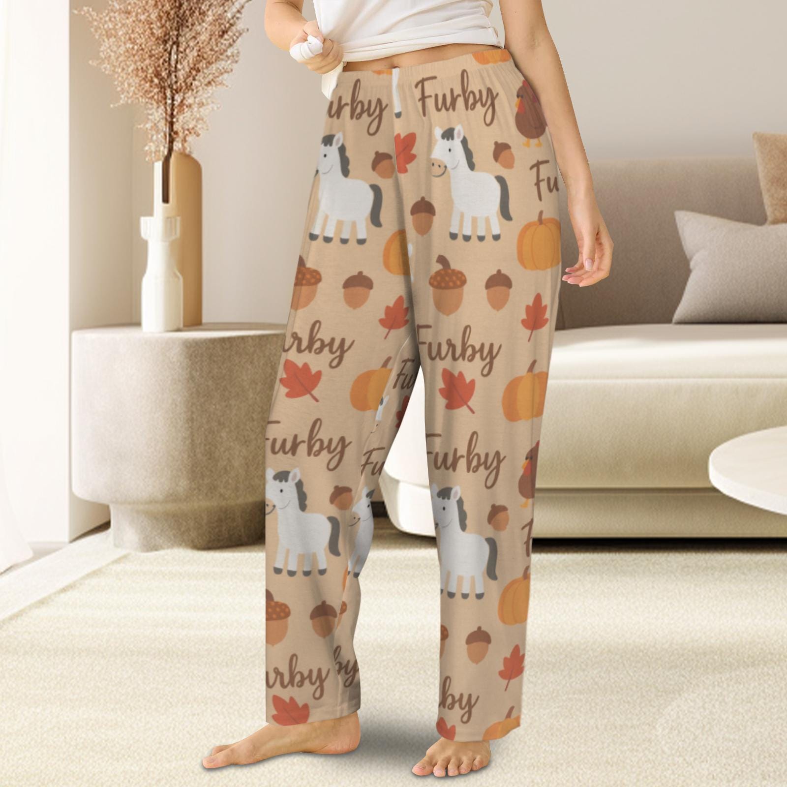 Horse Print Pajama Pants, Thanksgiving Pattern, Elastic Waist, Unisex Loungewear