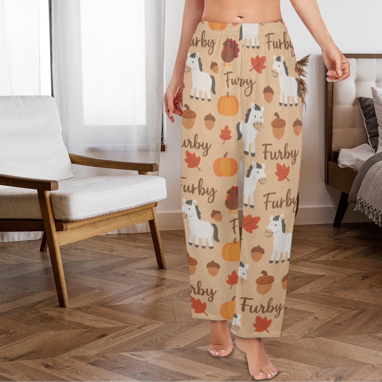 Horse Print Pajama Pants, Thanksgiving Pattern, Elastic Waist, Unisex Loungewear
