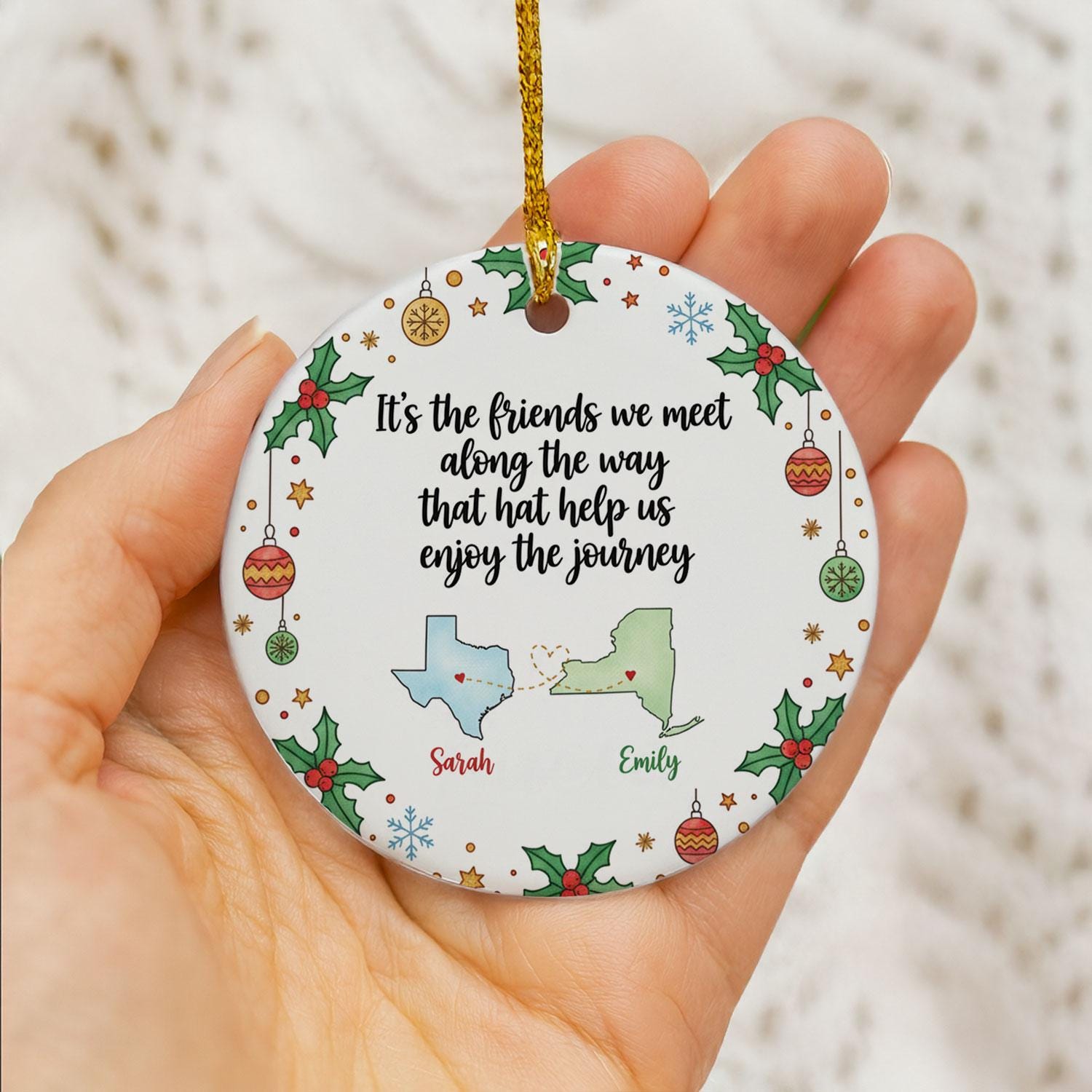 Long Distance Best Friend State Map Ceramic Ornament • Personalized Names • Two States • Round Holiday Decor • 2025