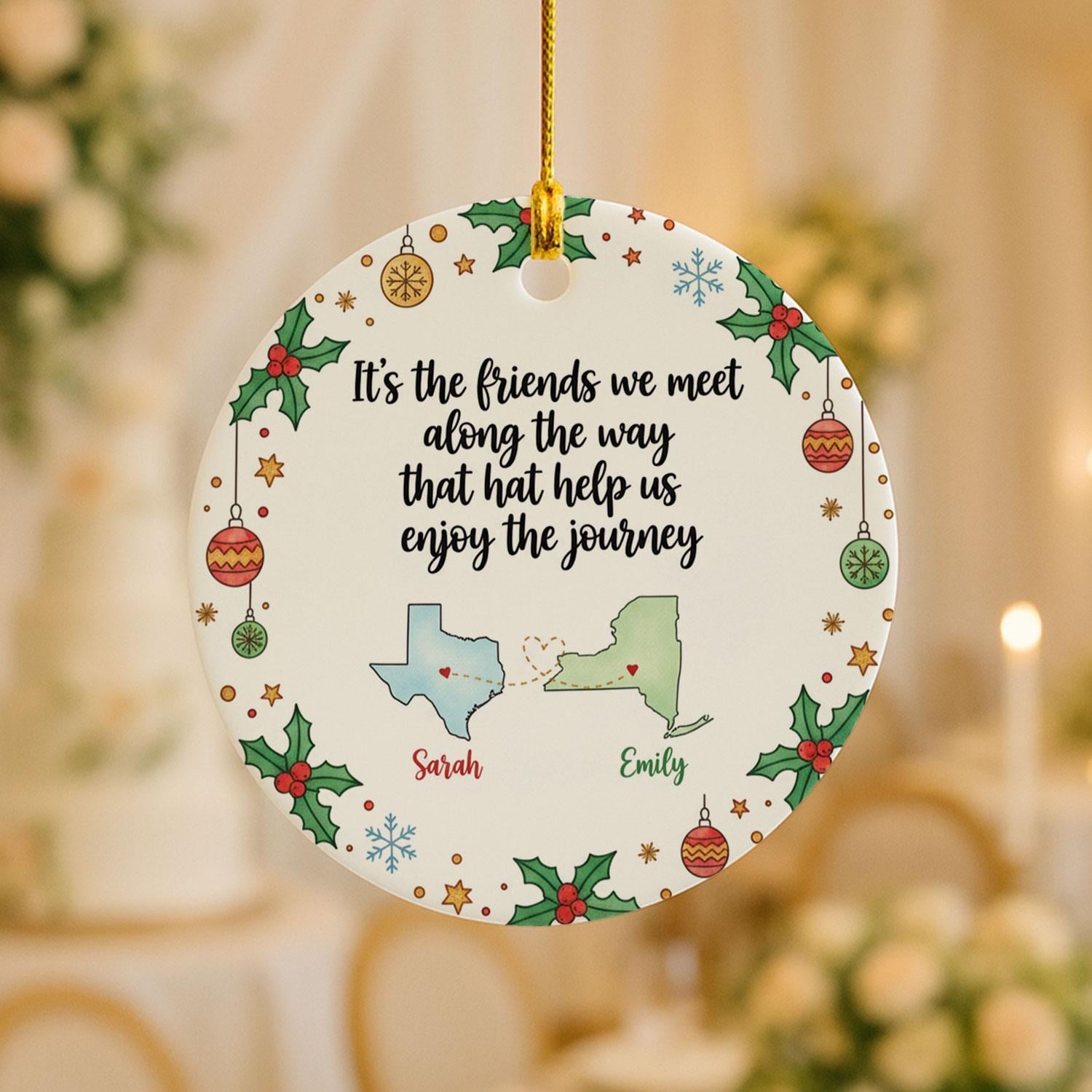 Long Distance Best Friend State Map Ceramic Ornament • Personalized Names • Two States • Round Holiday Decor • 2025