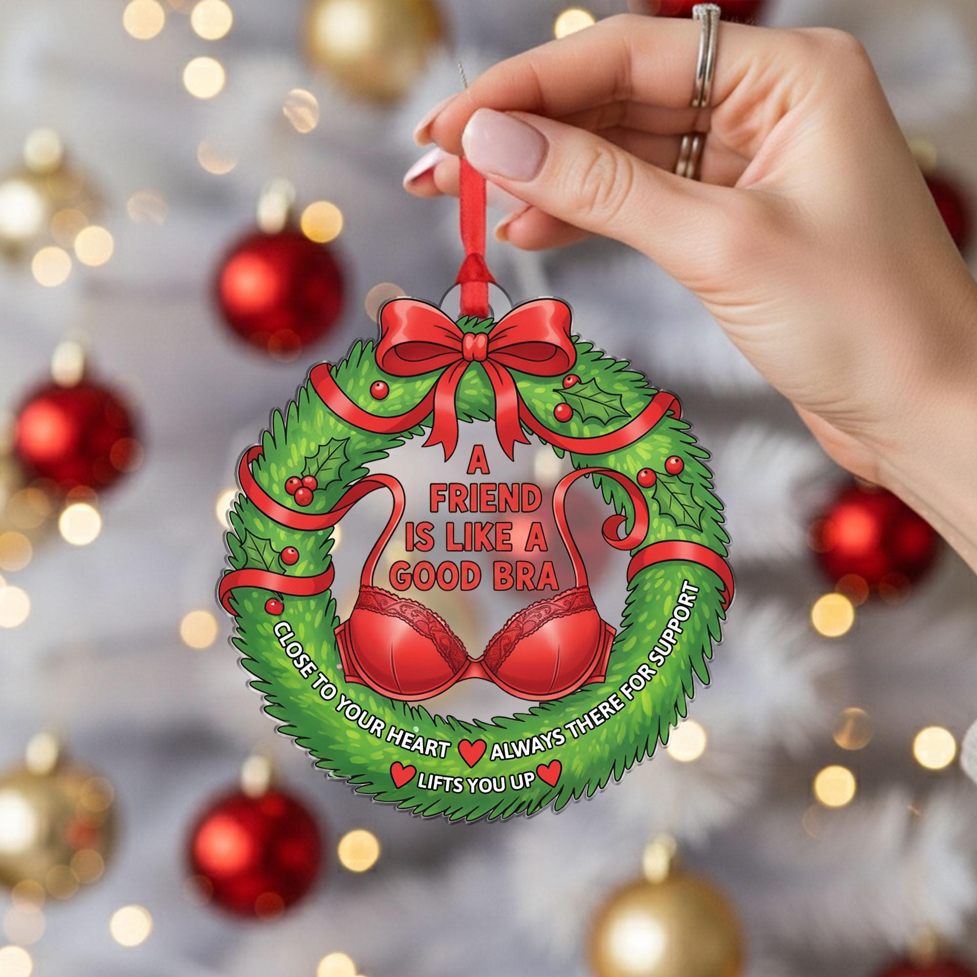 Bra Graphic Acrylic Wreath Ornament: Funny Friend Gift, Custom Name