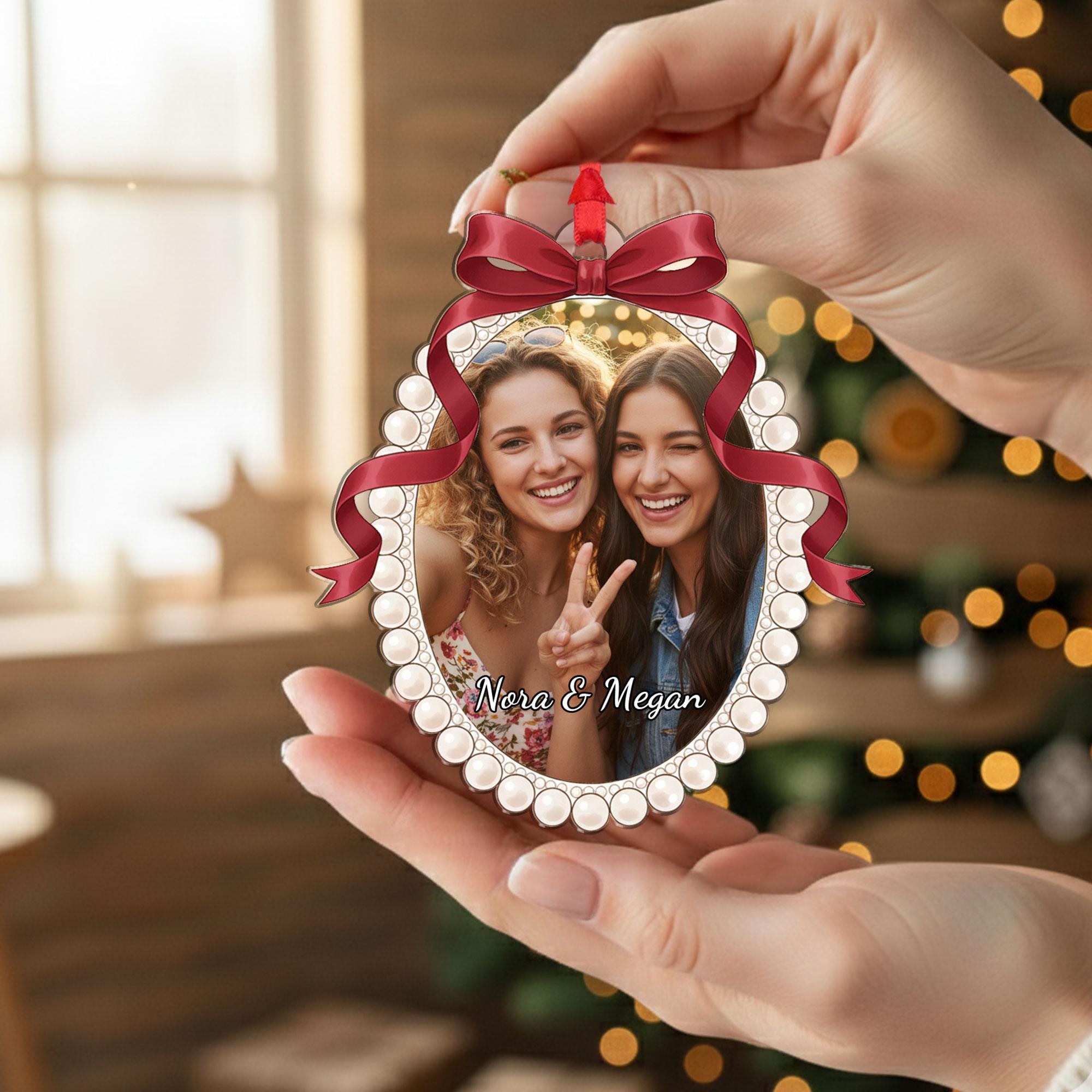 Oval Acrylic Photo Ornament, Best Friend Picture Frame with Bow, Custom Names and Year, Tree Decor