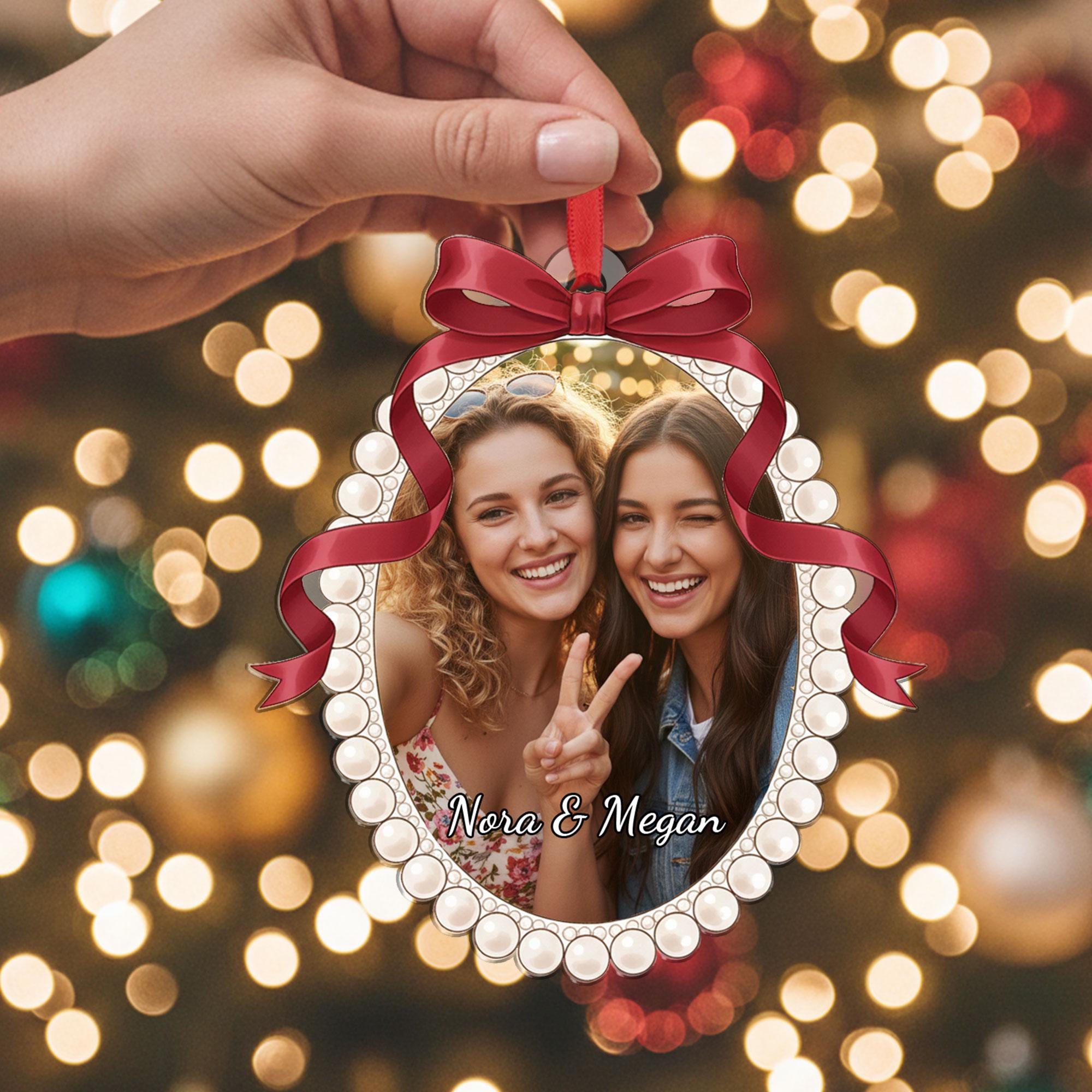 Oval Acrylic Photo Ornament, Best Friend Picture Frame with Bow, Custom Names and Year, Tree Decor