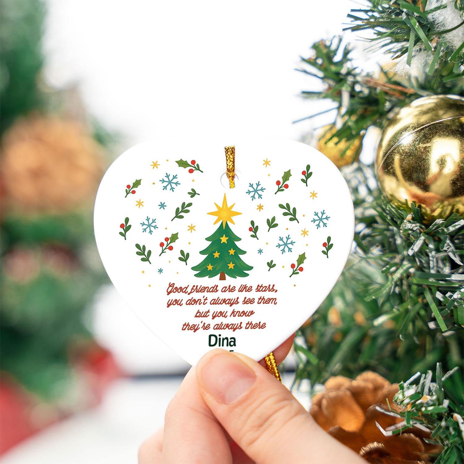 Heart Ceramic Ornament, Best Friend Tree Design, Custom Name & Year, Holiday Decor