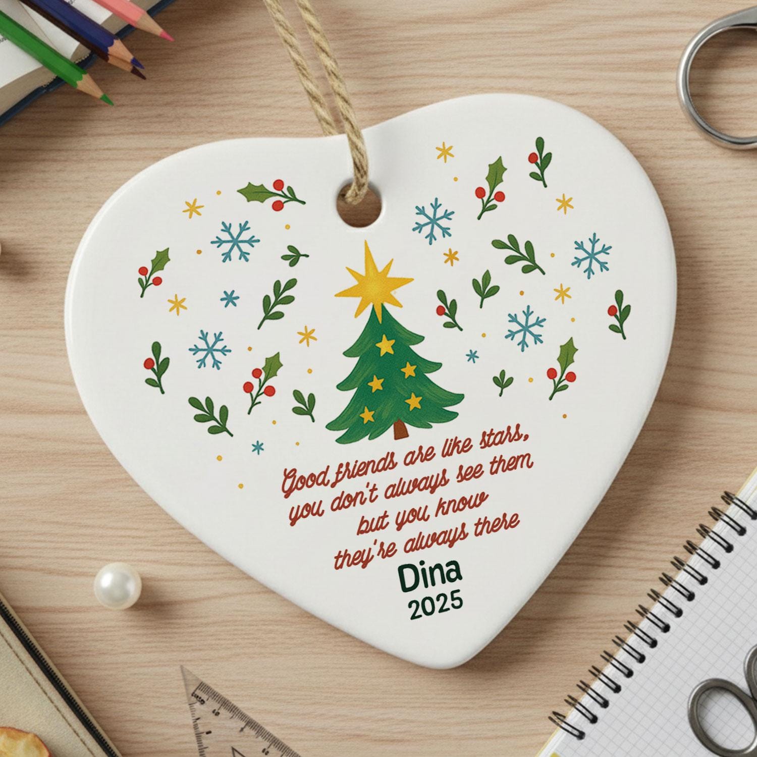Heart Ceramic Ornament, Best Friend Tree Design, Custom Name & Year, Holiday Decor