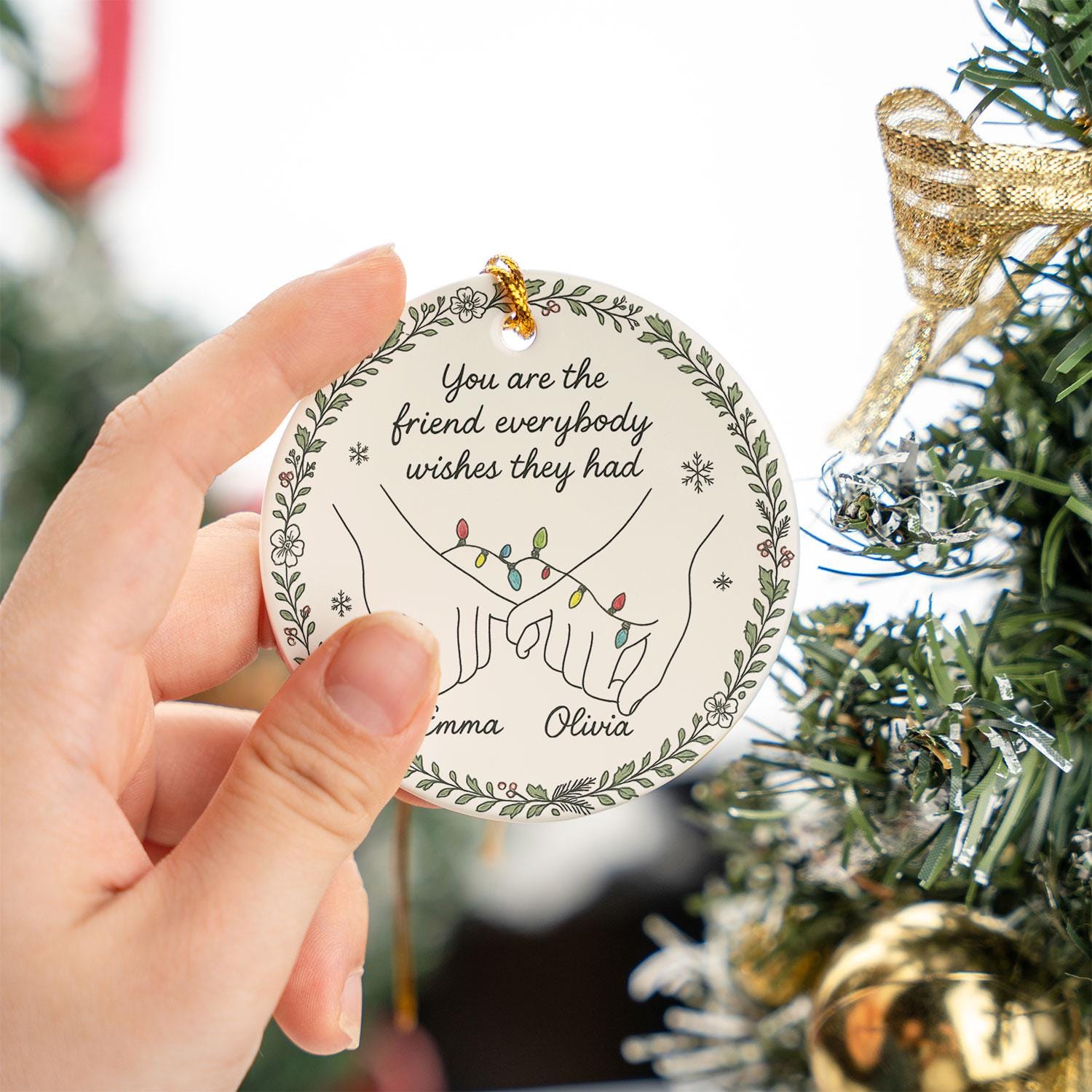 Best Friend Ceramic Ornament, Pinky Promise Line Art, Custom Names & Year, Round Holiday Decor