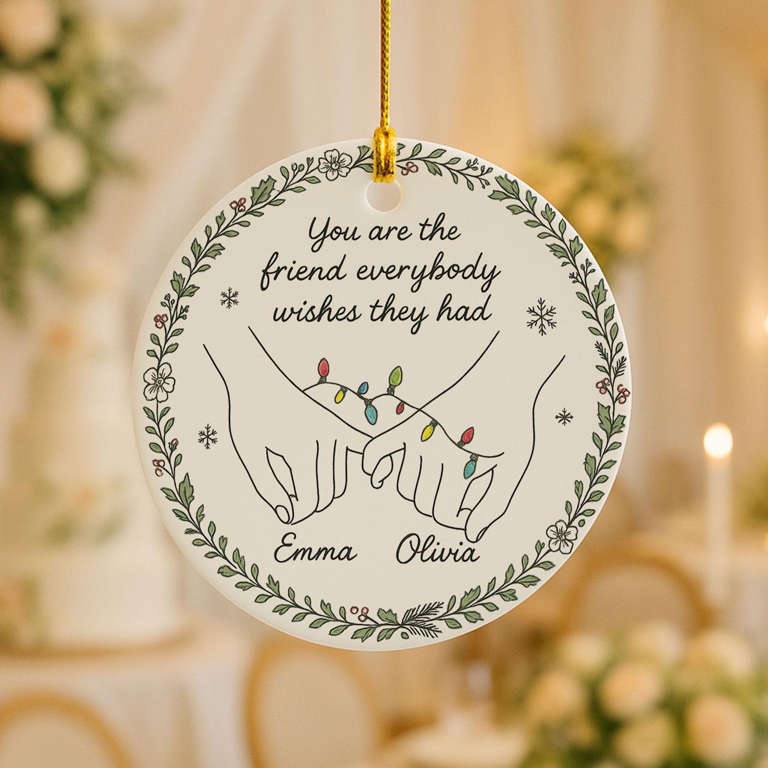 Best Friend Ceramic Ornament, Pinky Promise Line Art, Custom Names & Year, Round Holiday Decor
