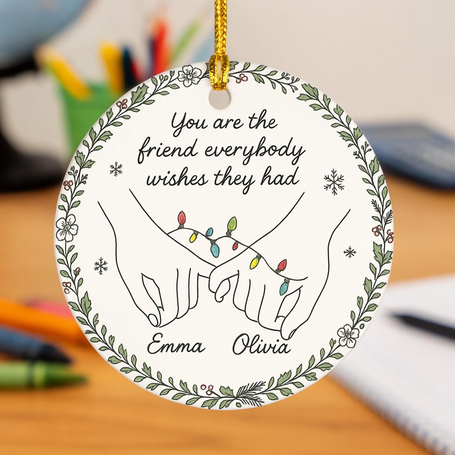 Best Friend Ceramic Ornament, Pinky Promise Line Art, Custom Names & Year, Round Holiday Decor
