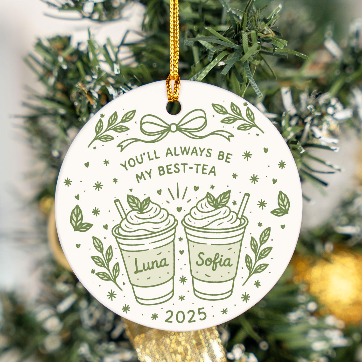 Best Friend Ceramic Ornament, Tea Cup Illustration, Custom Names & Year, Round Holiday Decor