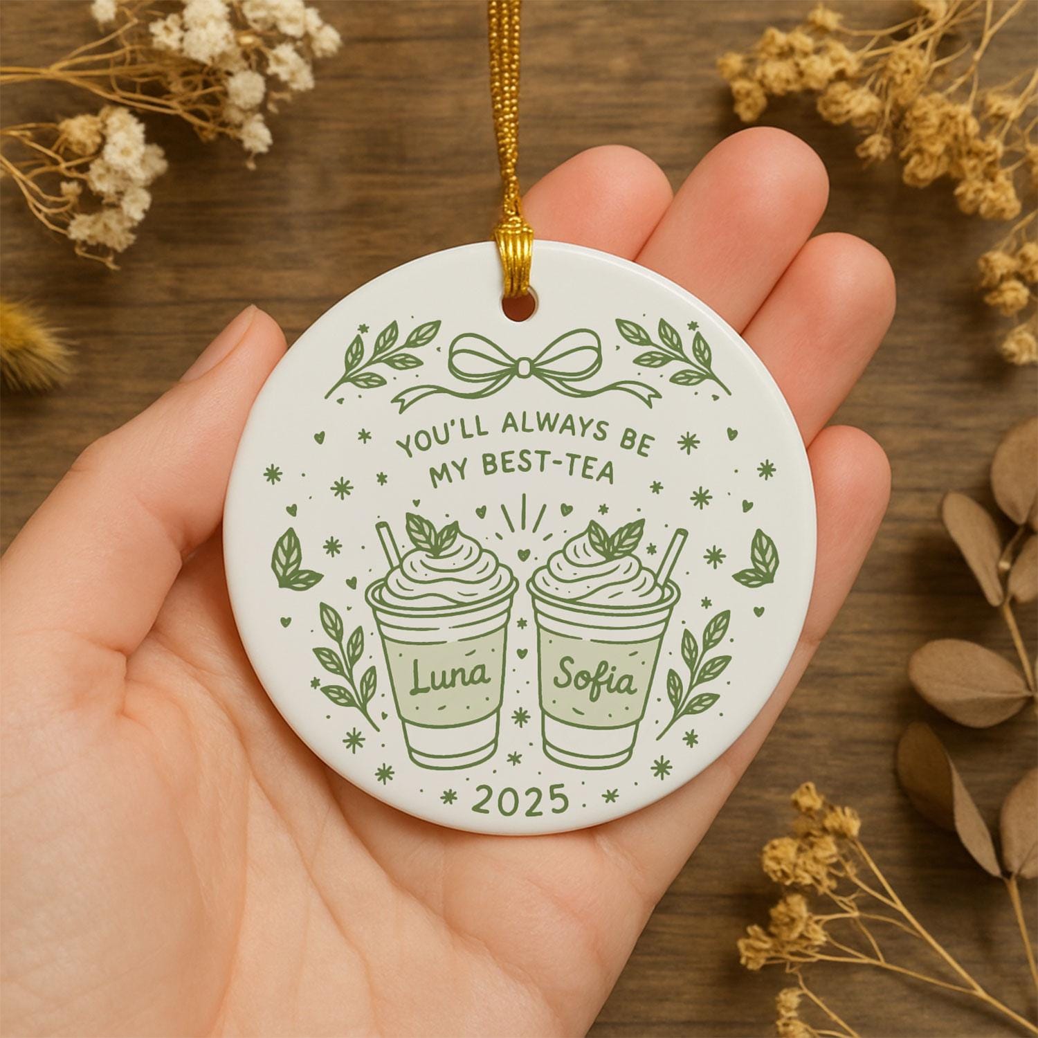 Best Friend Ceramic Ornament, Tea Cup Illustration, Custom Names & Year, Round Holiday Decor