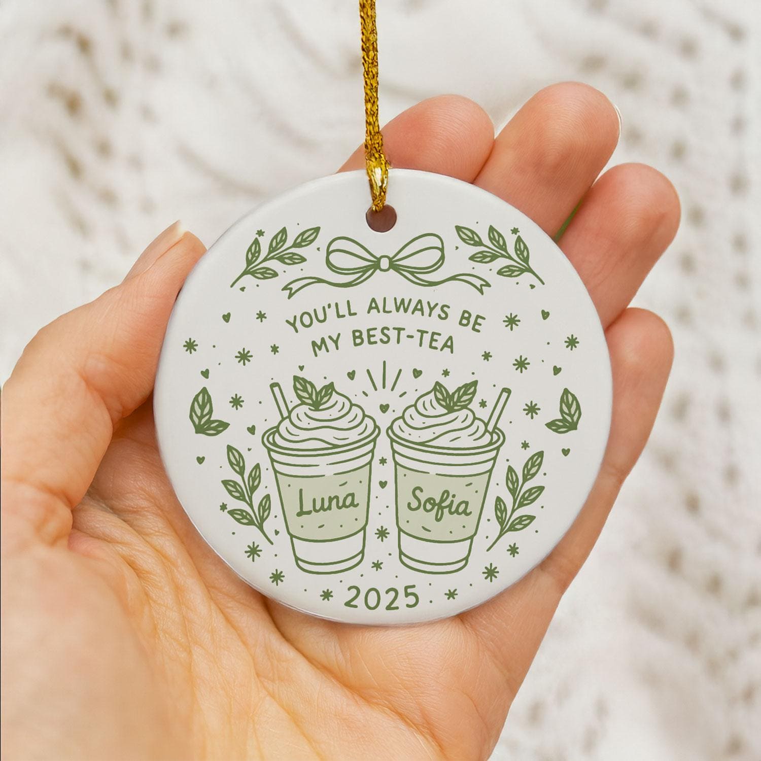 Best Friend Ceramic Ornament, Tea Cup Illustration, Custom Names & Year, Round Holiday Decor