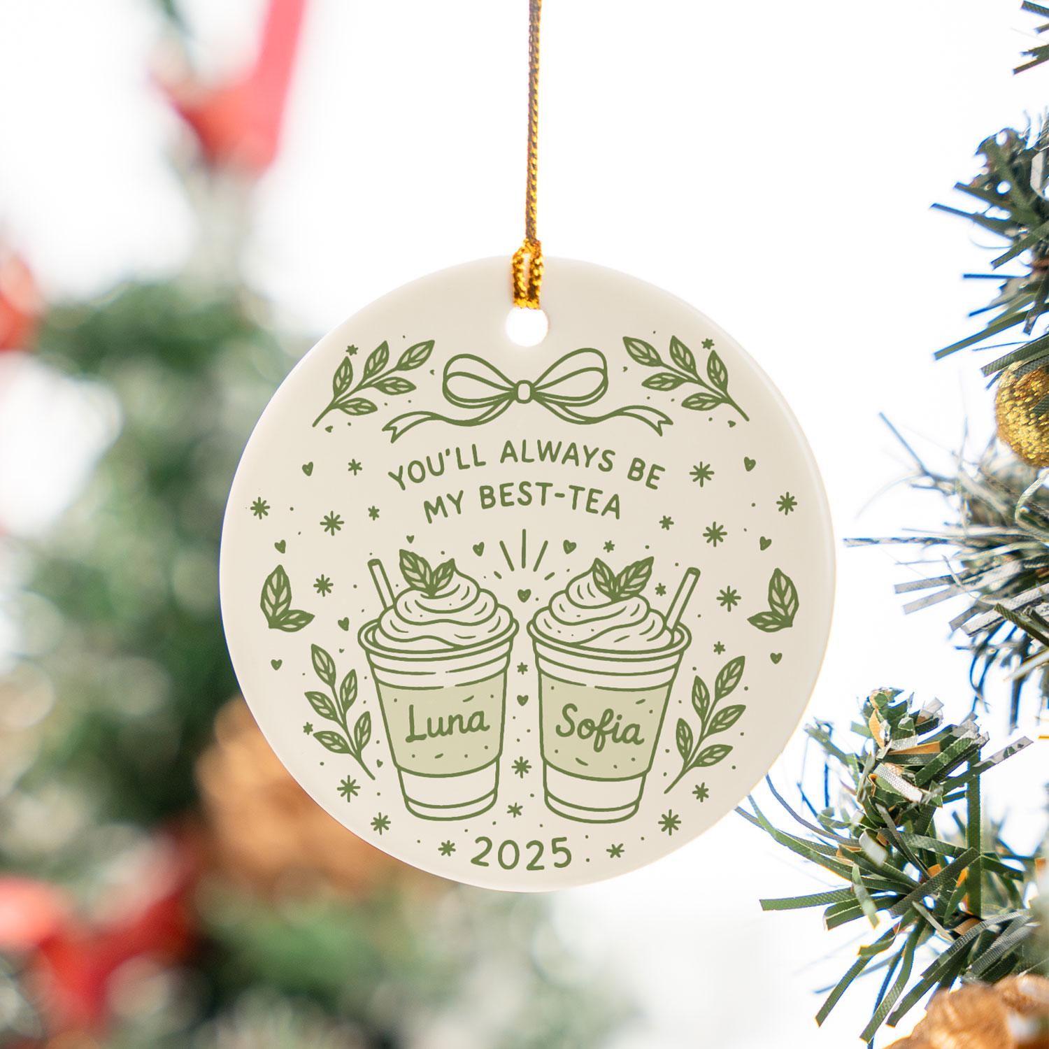 Best Friend Ceramic Ornament, Tea Cup Illustration, Custom Names & Year, Round Holiday Decor