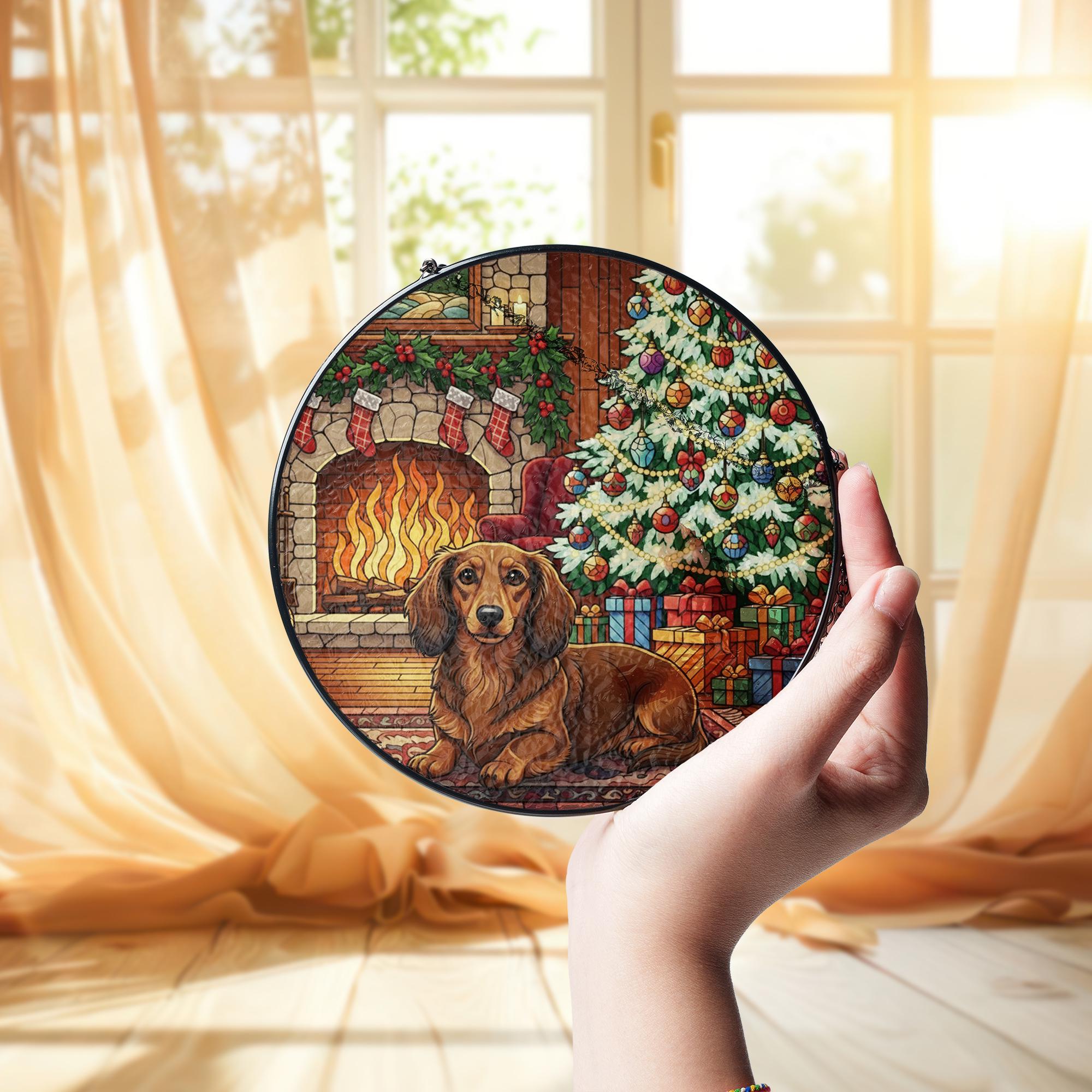Christmas Dachshund Suncatcher: Holiday Dog Glass Window Decoration