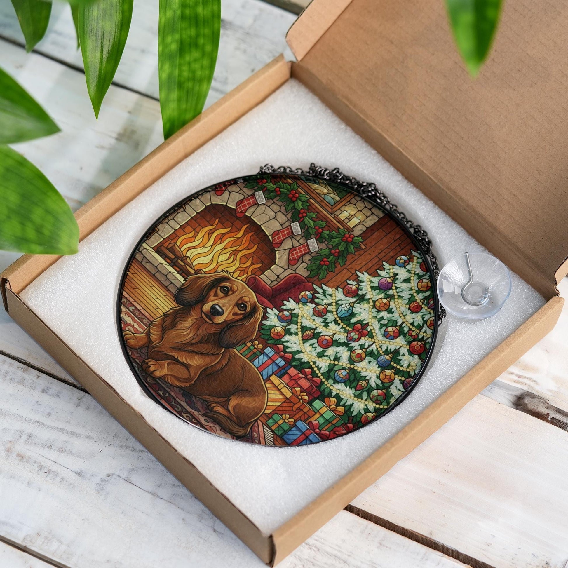 Christmas Dachshund Suncatcher: Holiday Dog Glass Window Decoration