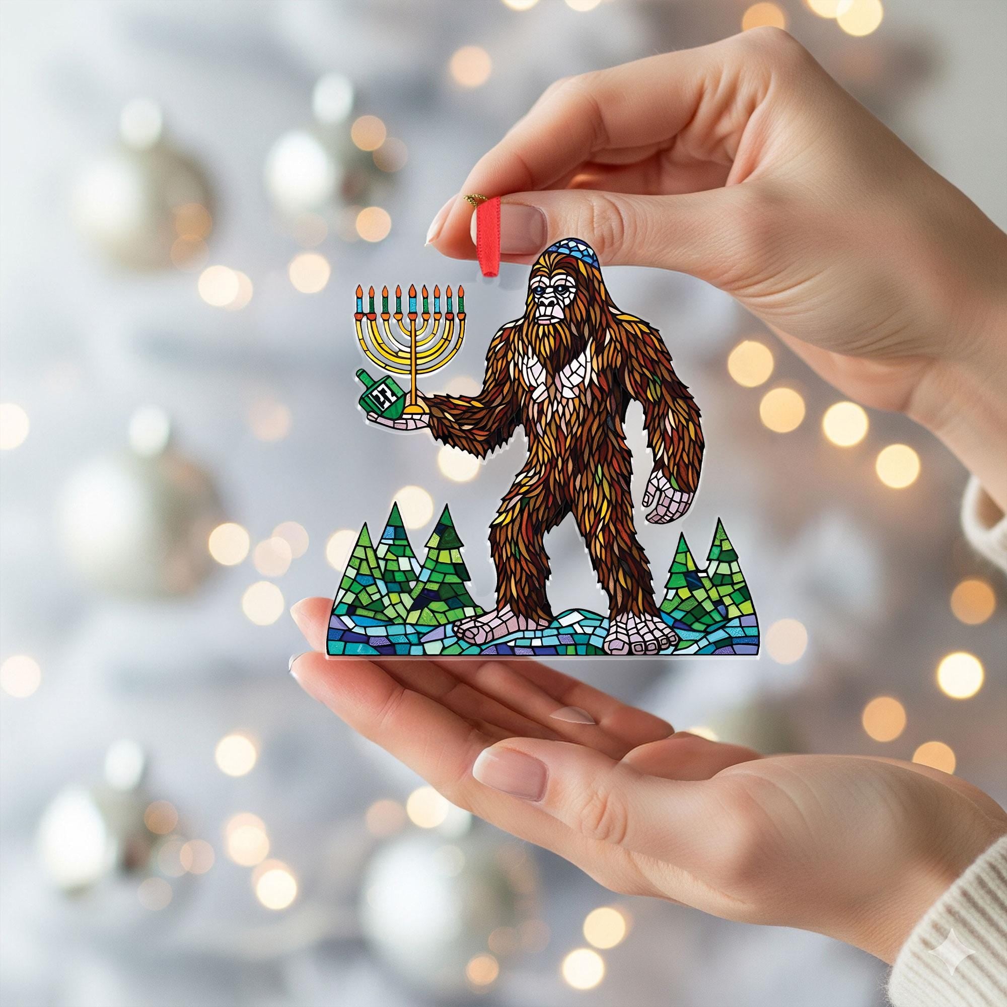 Bigfoot Hanukkah Menorah Ornament, Flat Acrylic 2D Holiday Decoration