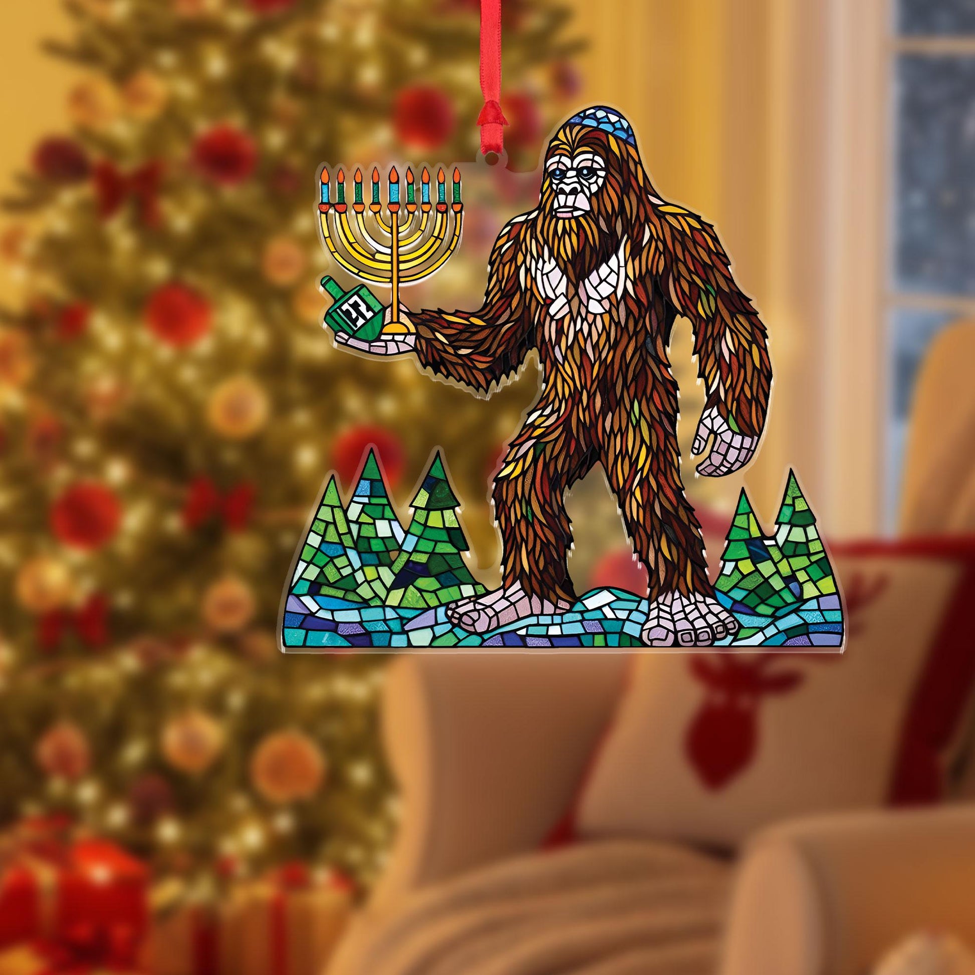 Bigfoot Hanukkah Menorah Ornament, Flat Acrylic 2D Holiday Decoration