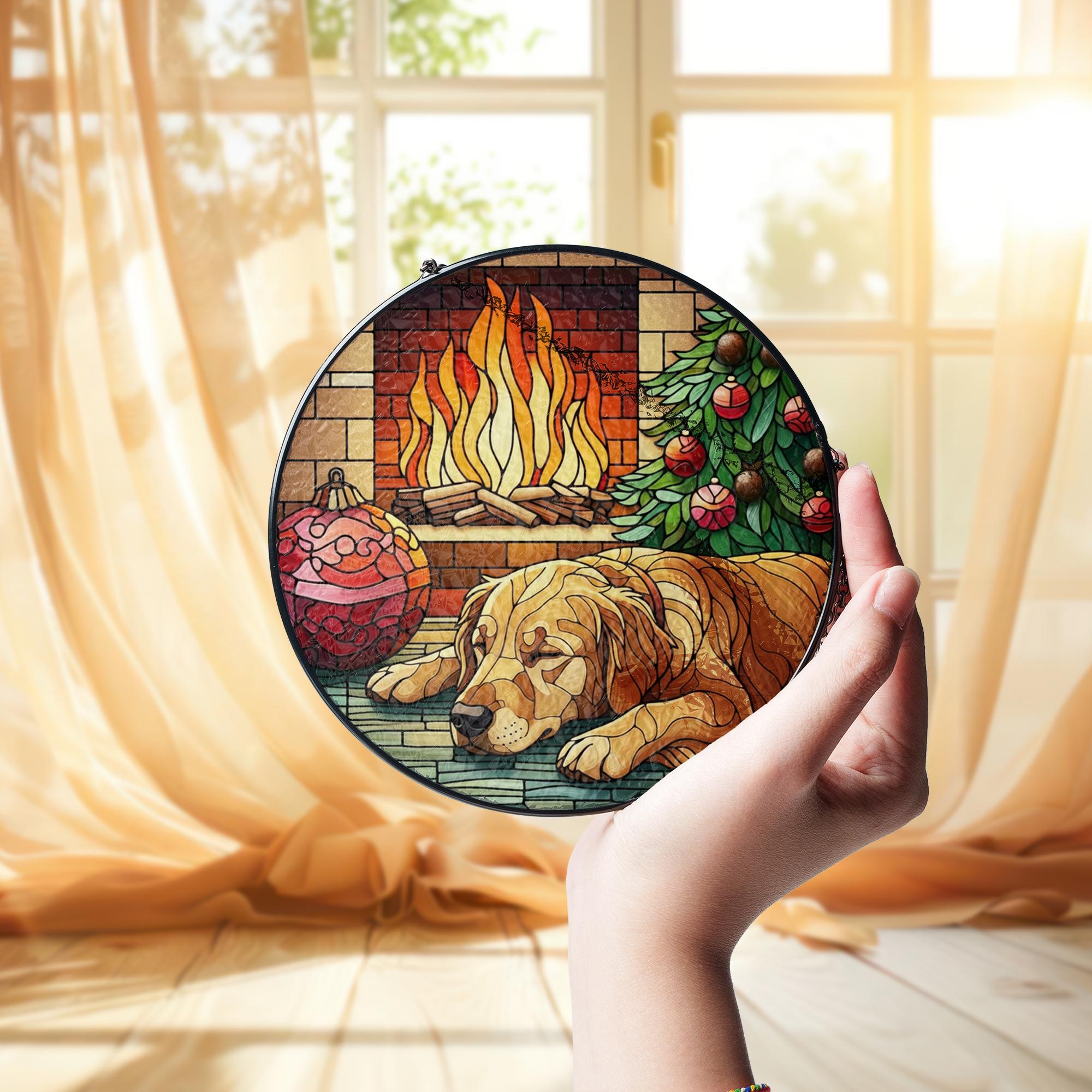 Stained Glass Suncatcher Dog by Fireplace with Christmas Tree Holiday Ornament