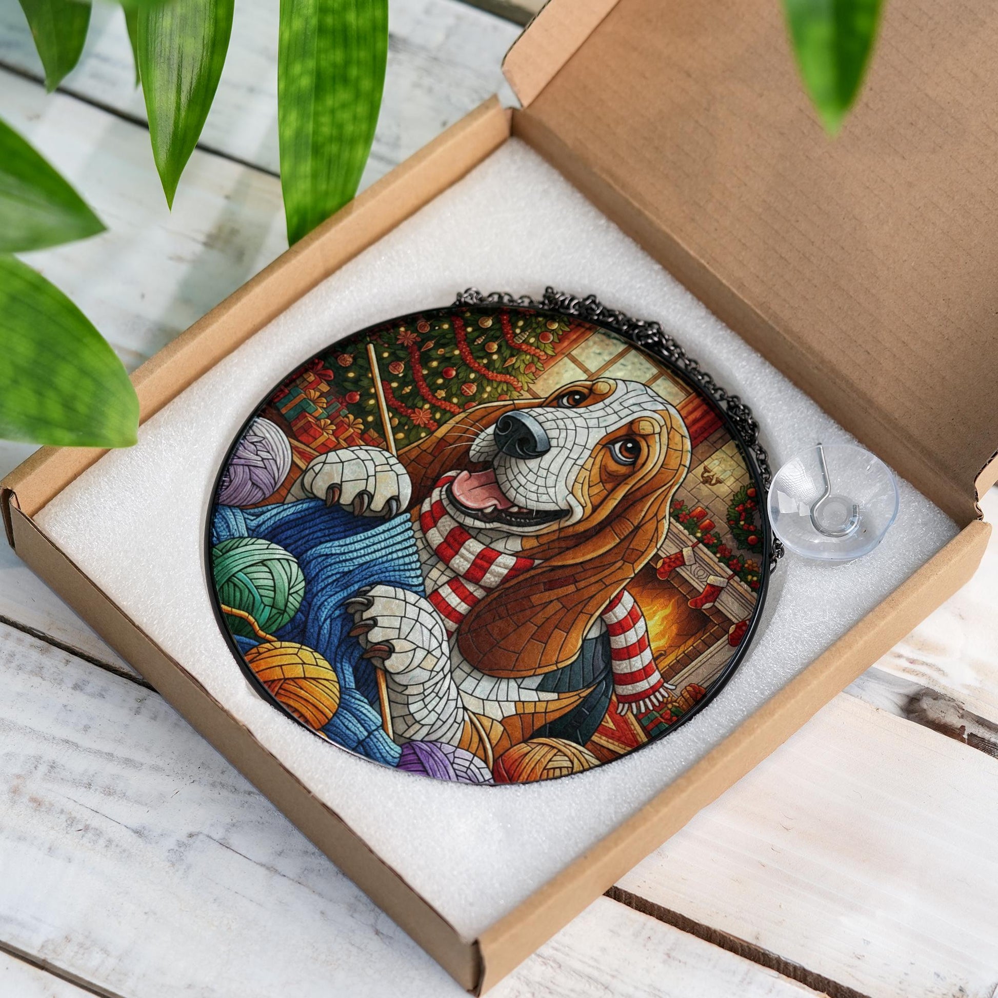 Stained Glass Dog Suncatcher, Basset Hound Window Hanging, Christmas Yarn Knitting Decor