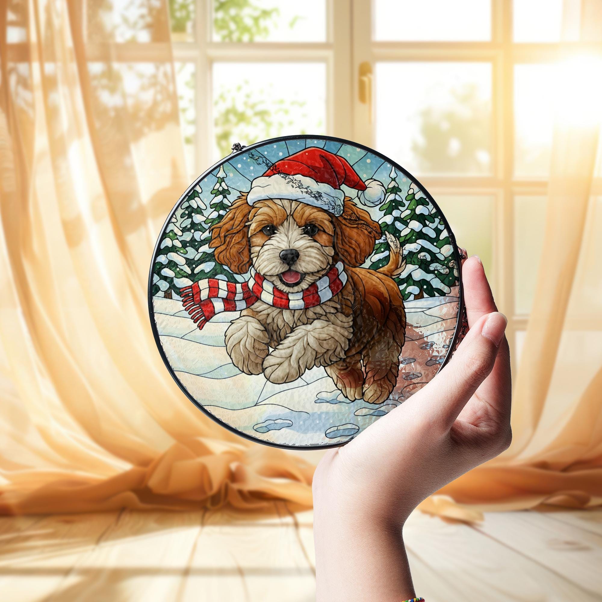 Christmas Dog Suncatcher: Stained Glass Style Puppy Ornament, Santa Hat Gift
