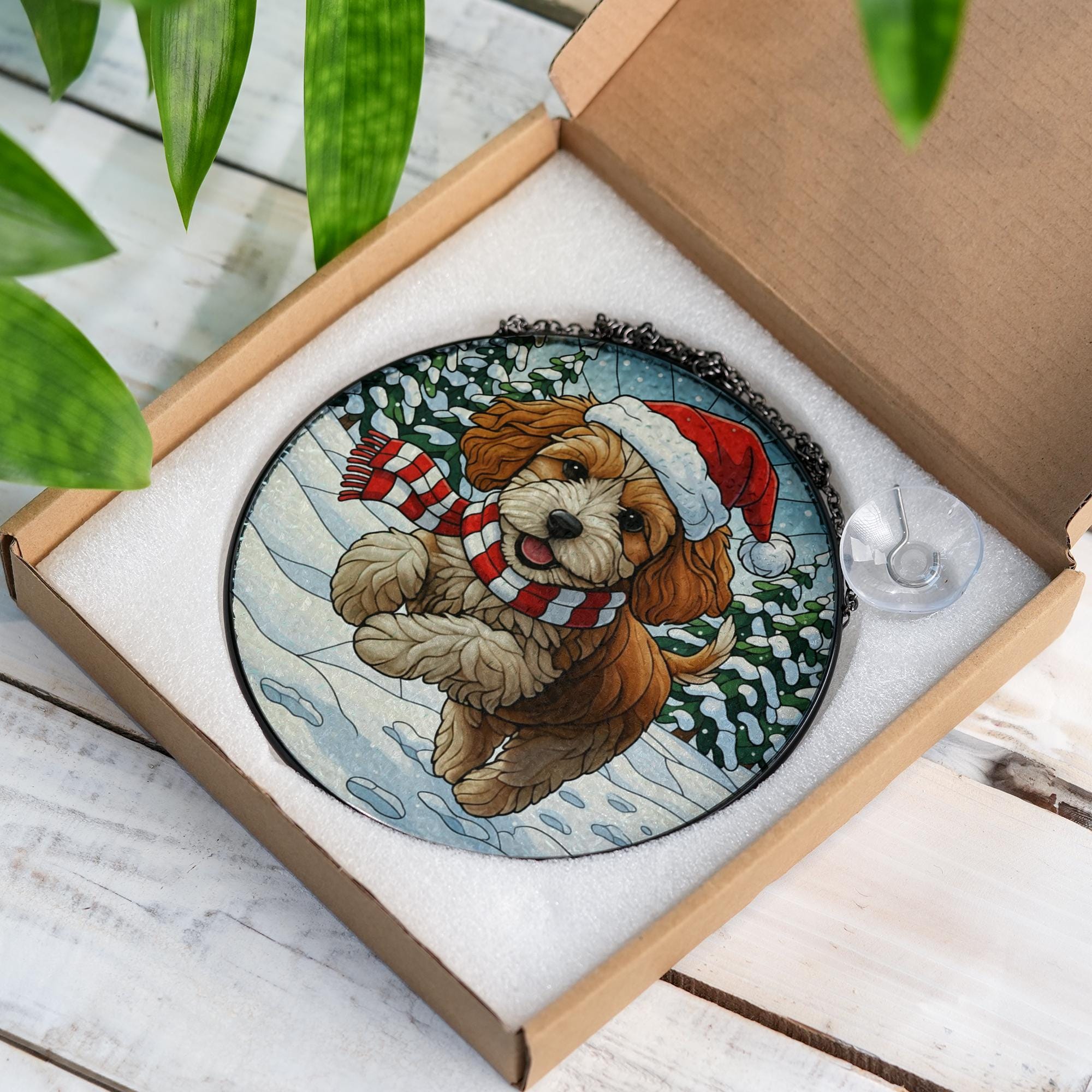 Christmas Dog Suncatcher: Stained Glass Style Puppy Ornament, Santa Hat Gift