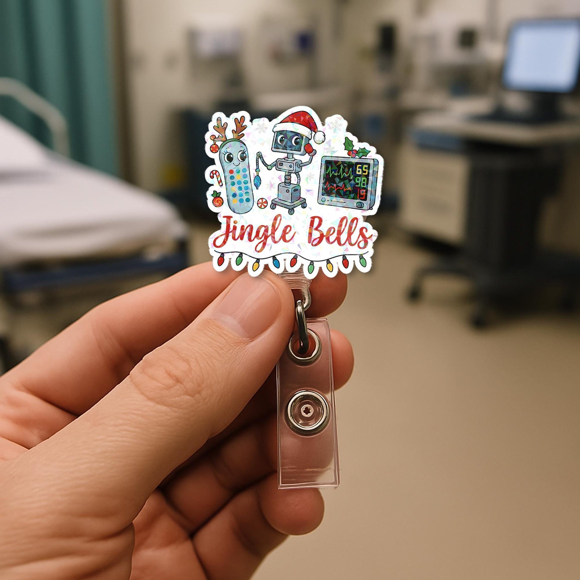 Holographic ‘Jingle Bells’ Badge Reel – Festive Robot Monitor Nurse ID Holder