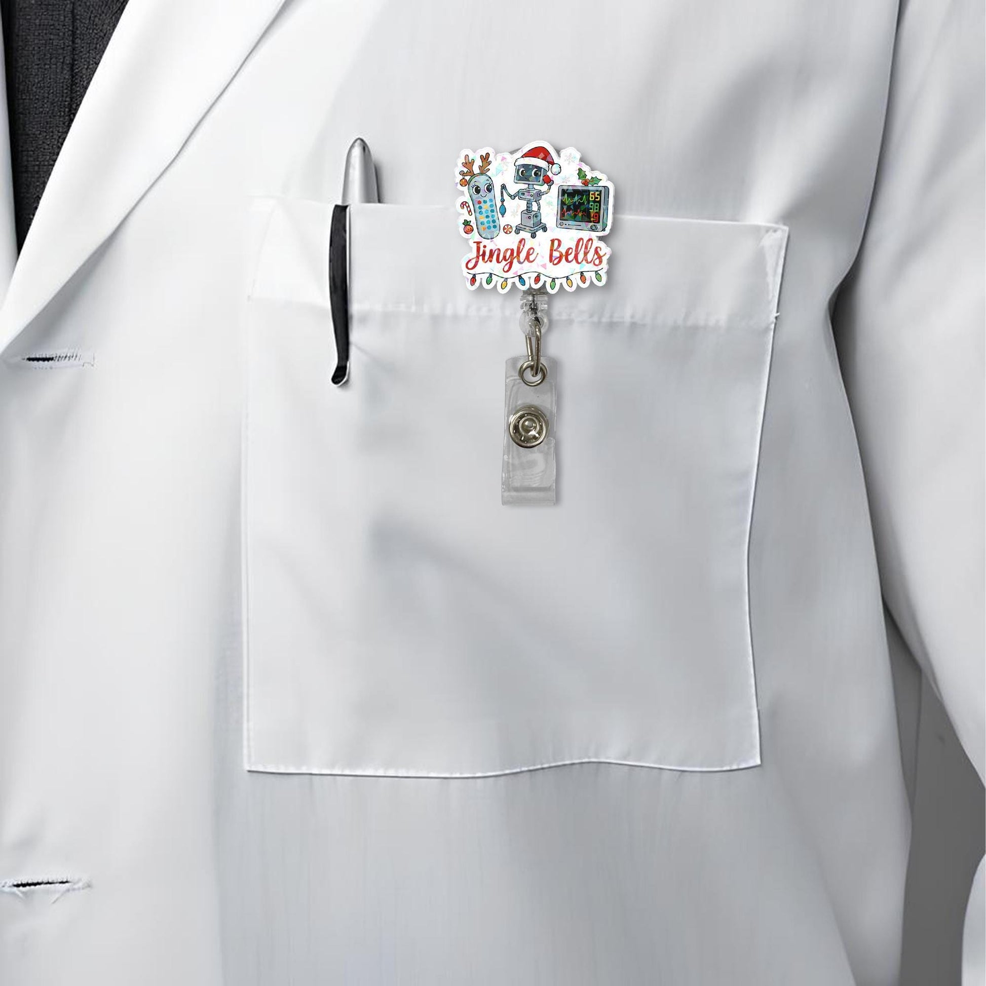 Holographic ‘Jingle Bells’ Badge Reel – Festive Robot Monitor Nurse ID Holder