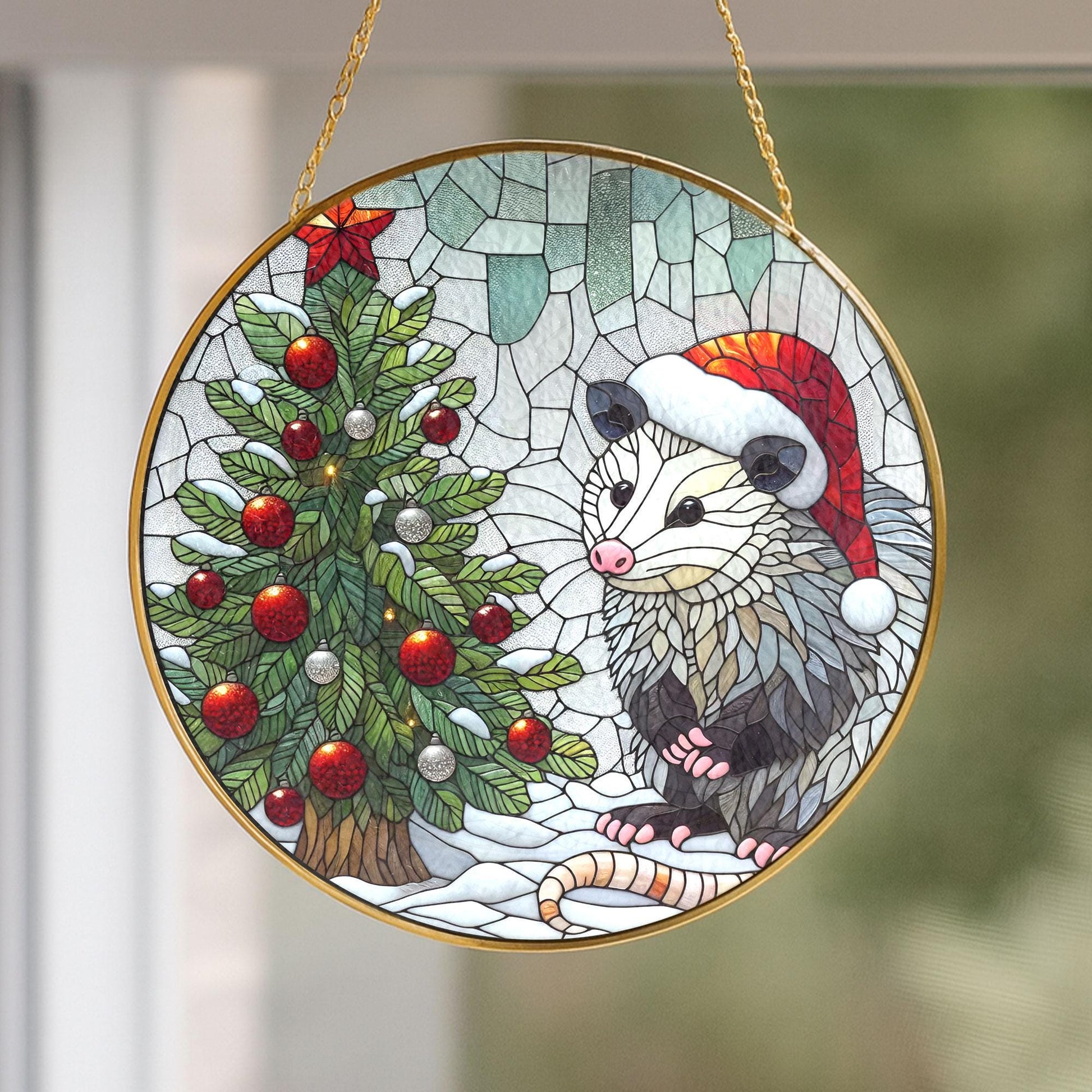 Opossum Christmas Glass Plate with Gold Frame – Holiday Animal Decor