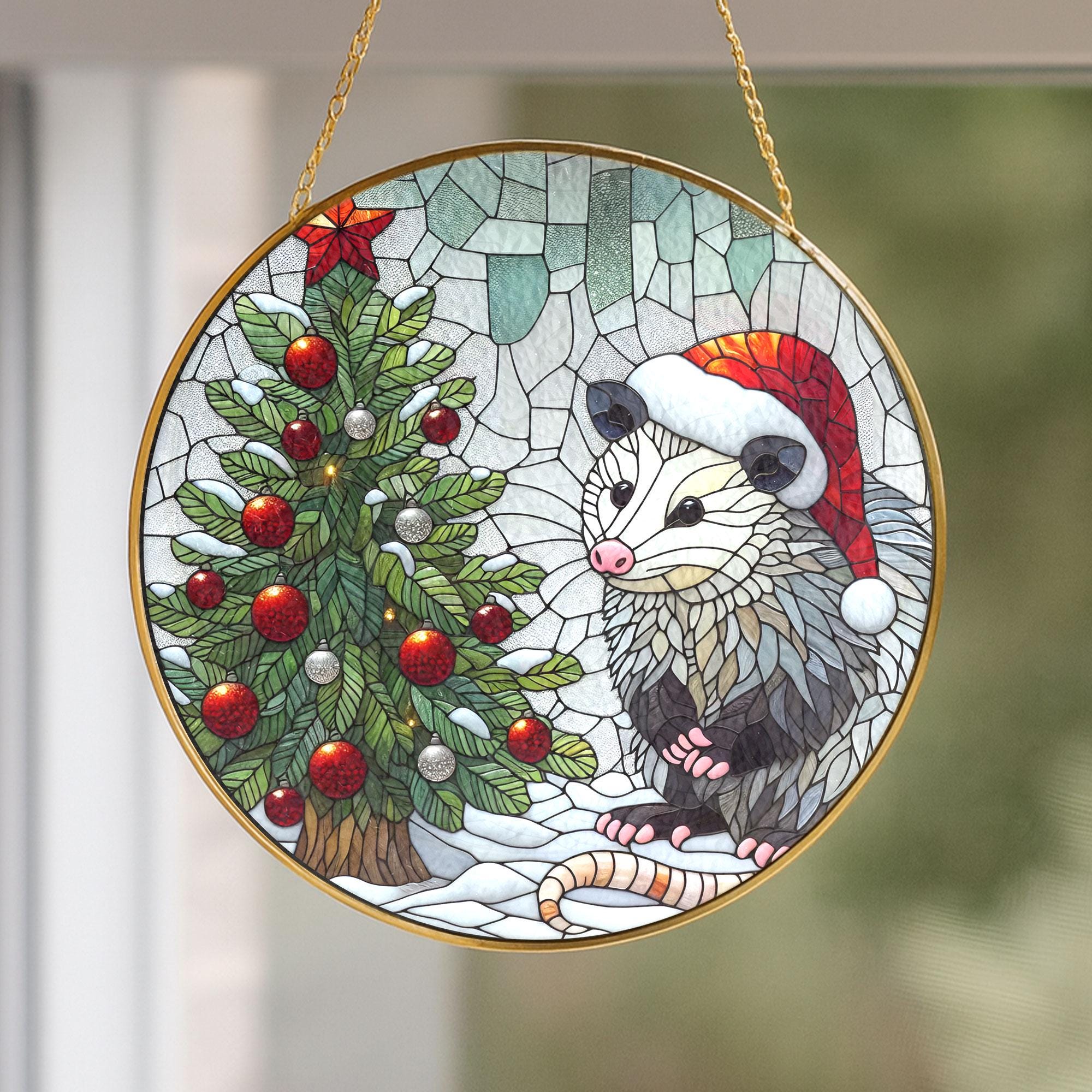 Opossum Christmas Glass Plate with Gold Frame – Holiday Animal Decor