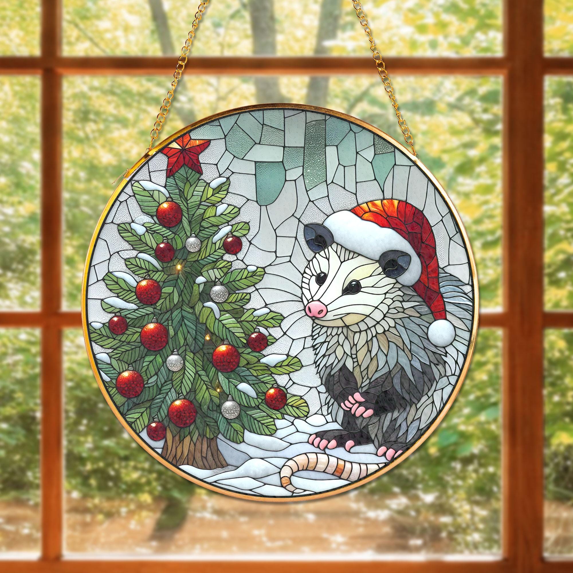 Opossum Christmas Glass Plate with Gold Frame – Holiday Animal Decor