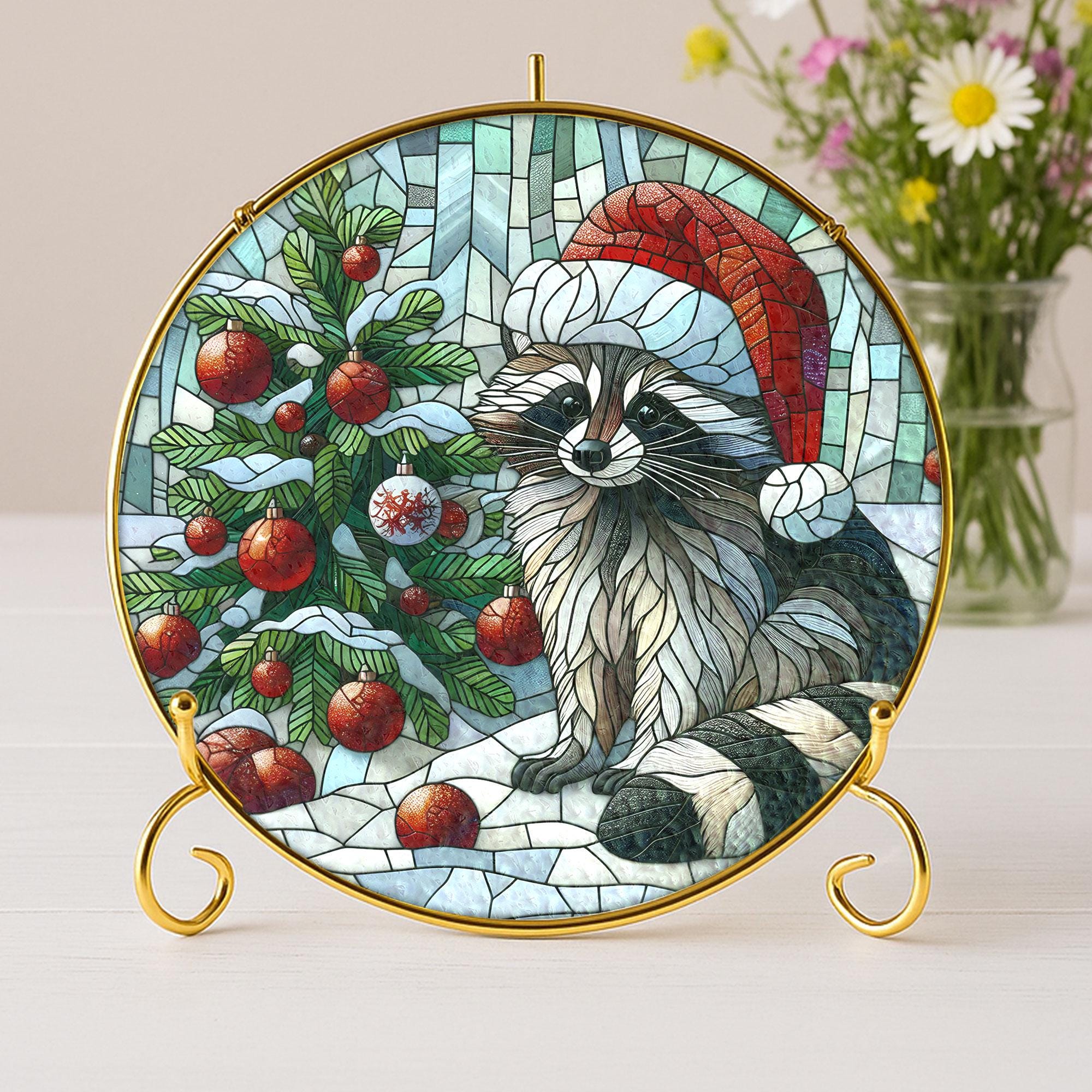 Raccoon Christmas Glass Sun Catcher with Gold Frame – Holiday Window Hanging Decor