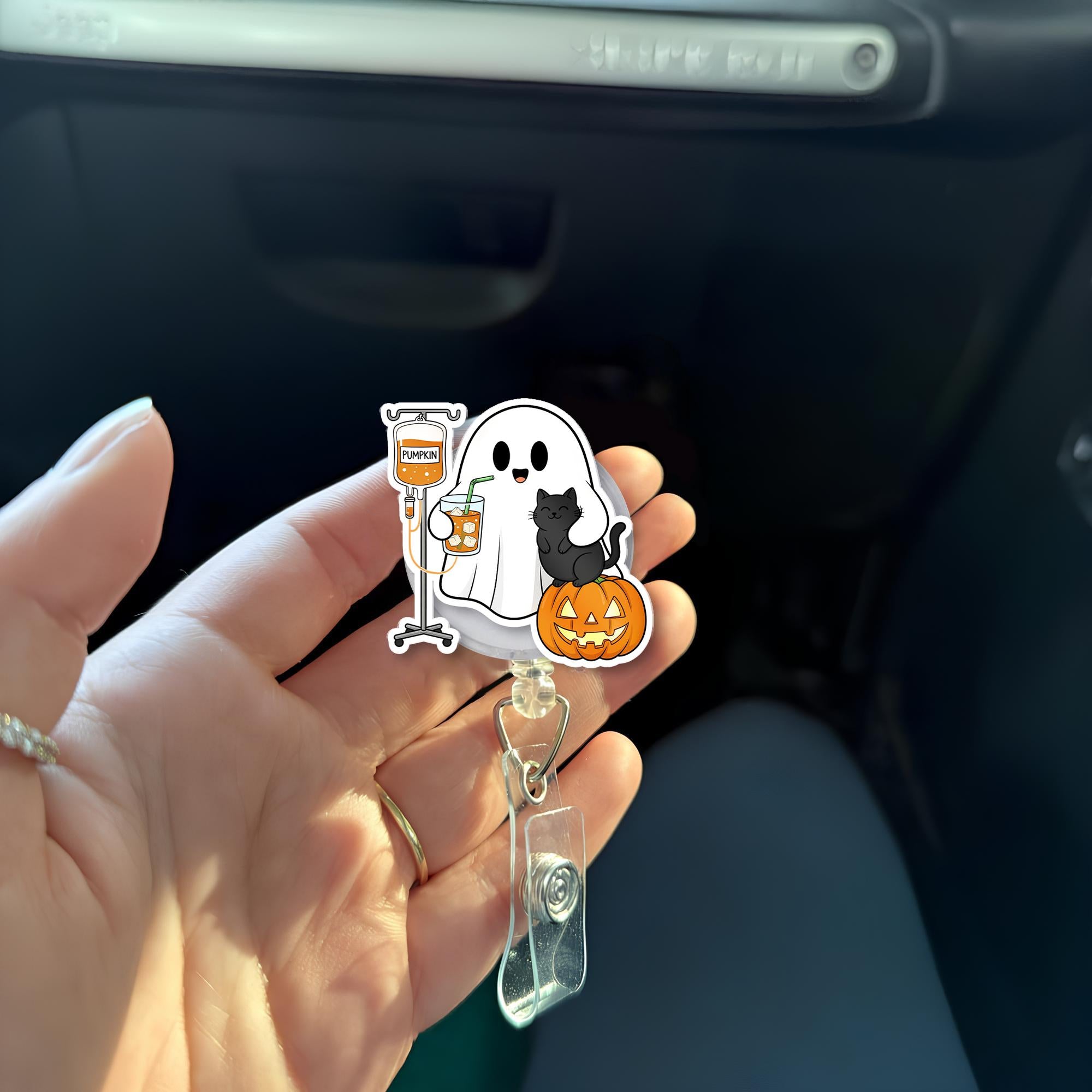 Halloween Badge Reel: Ghost, Pumpkin, Cat - Spooky ID Holder