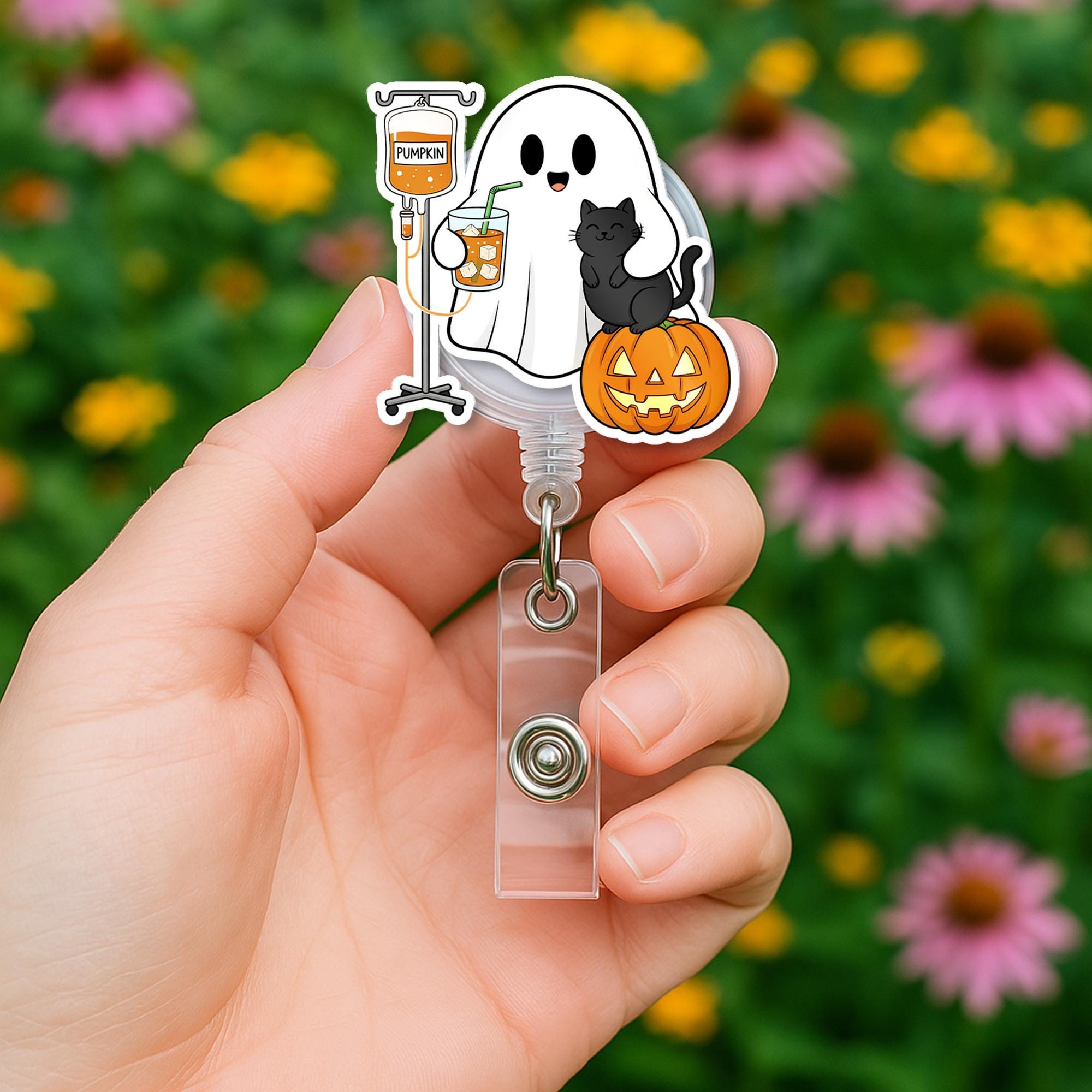 Halloween Badge Reel: Ghost, Pumpkin, Cat - Spooky ID Holder