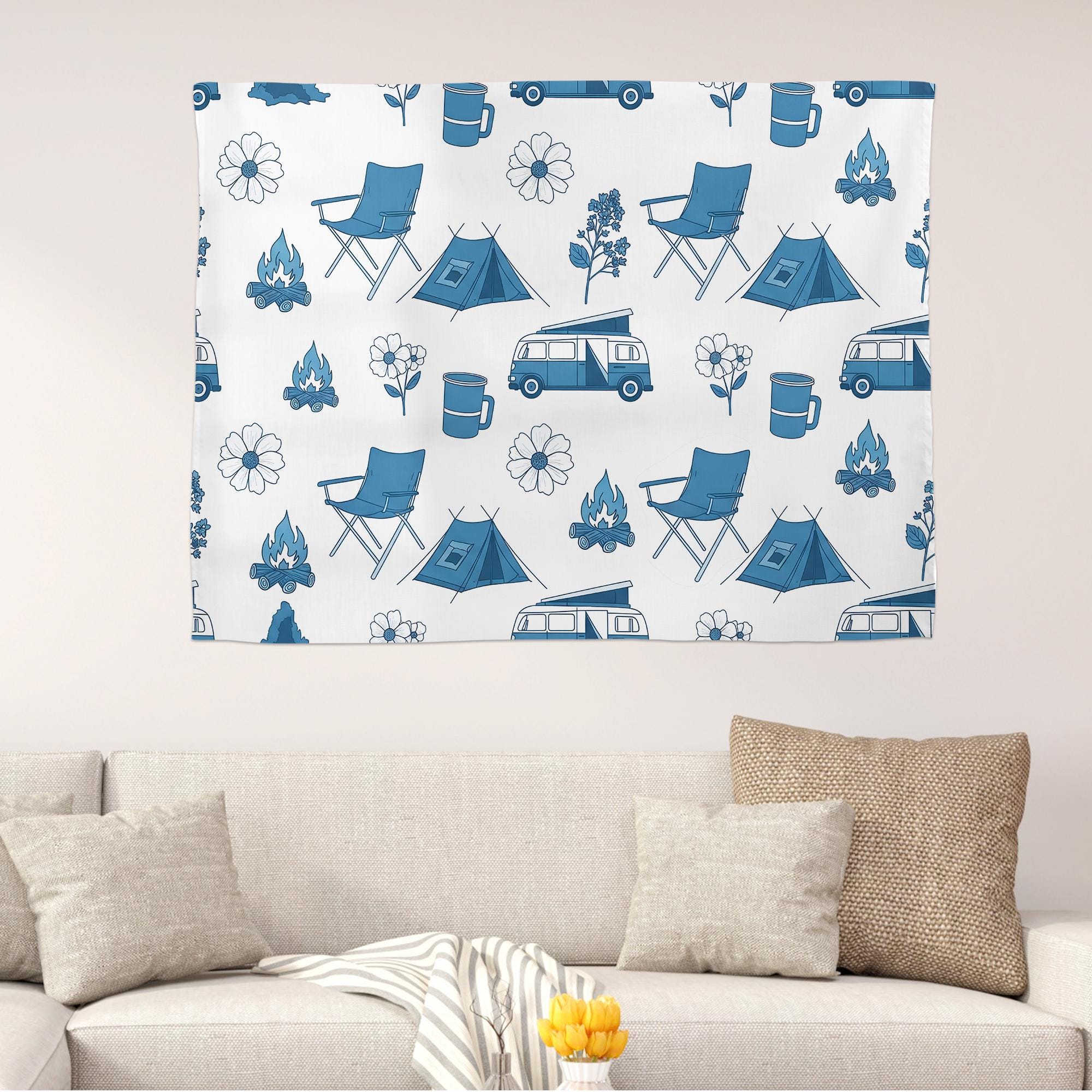 Camping Van Tapestry, Boho Adventure Wall Hanging, Minimalist Outdoorsy Decor for Dorm & Living Room, Camper and Tent Pattern Art