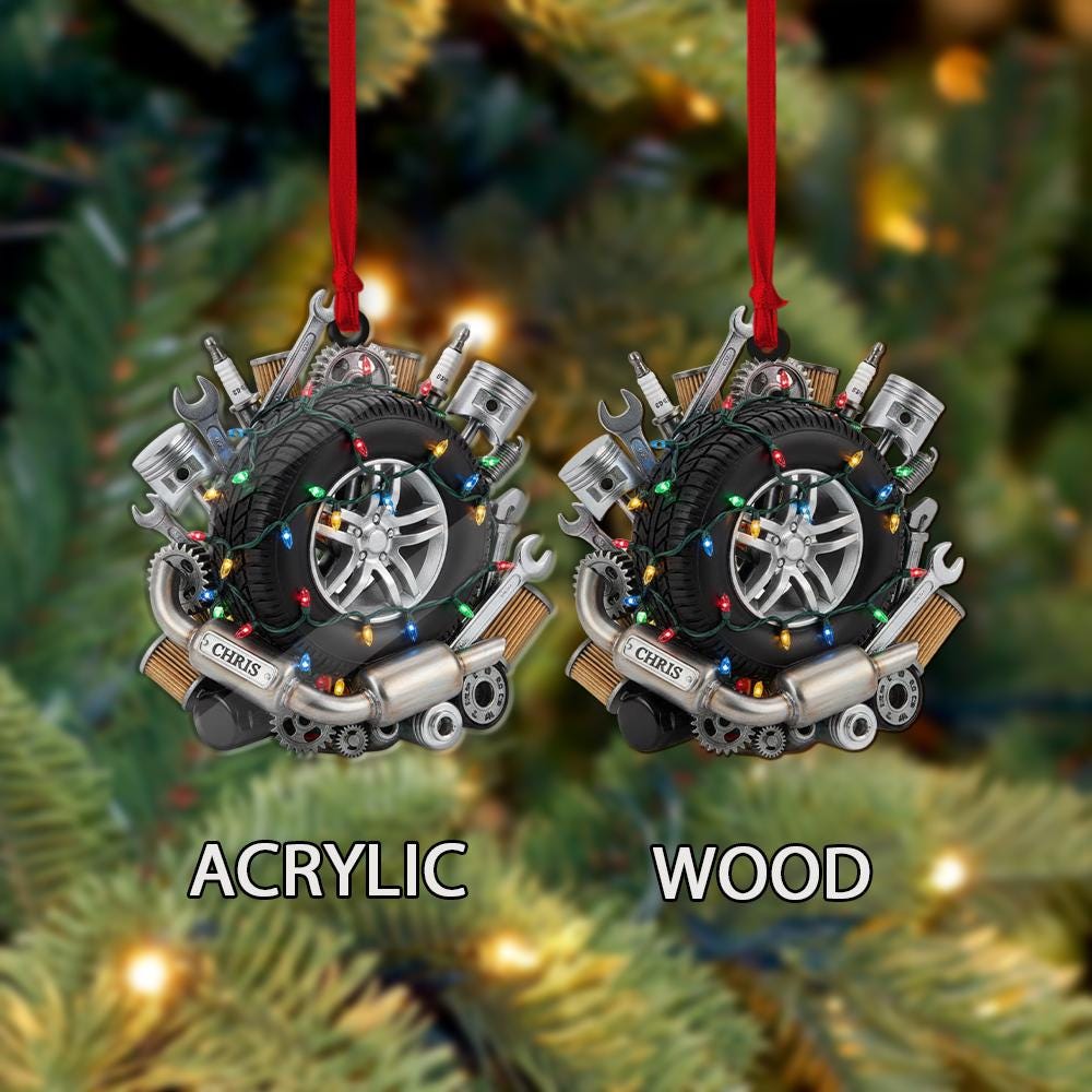 Personalized Mechanic Christmas Ornament – Custom Name Auto Repair Gift with Tire & Tools, Car Enthusiast Holiday Decoration