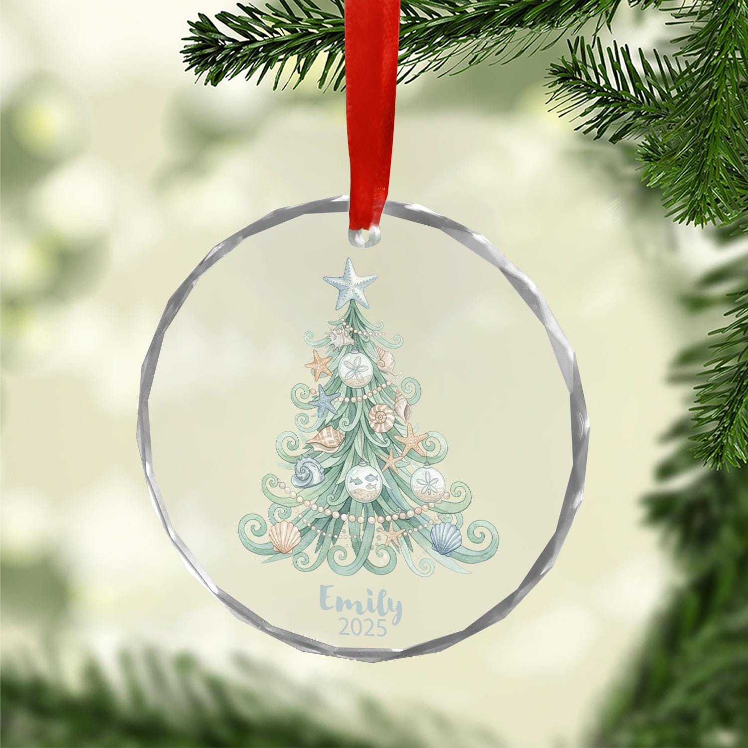 Personalized Glass Christmas Ornament – Custom Name & Year Holiday Keepsake with Seashell Tree