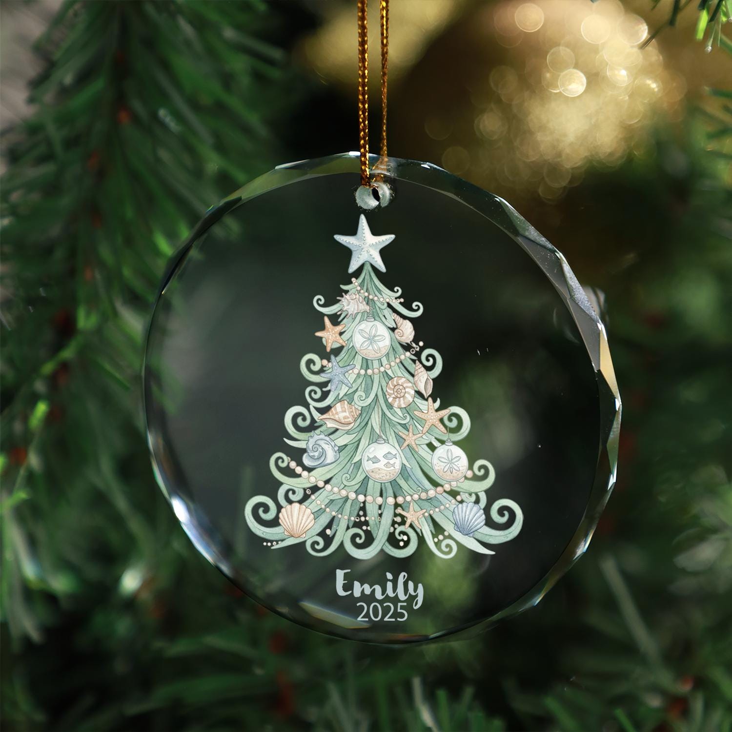 Personalized Glass Christmas Ornament – Custom Name & Year Holiday Keepsake with Seashell Tree