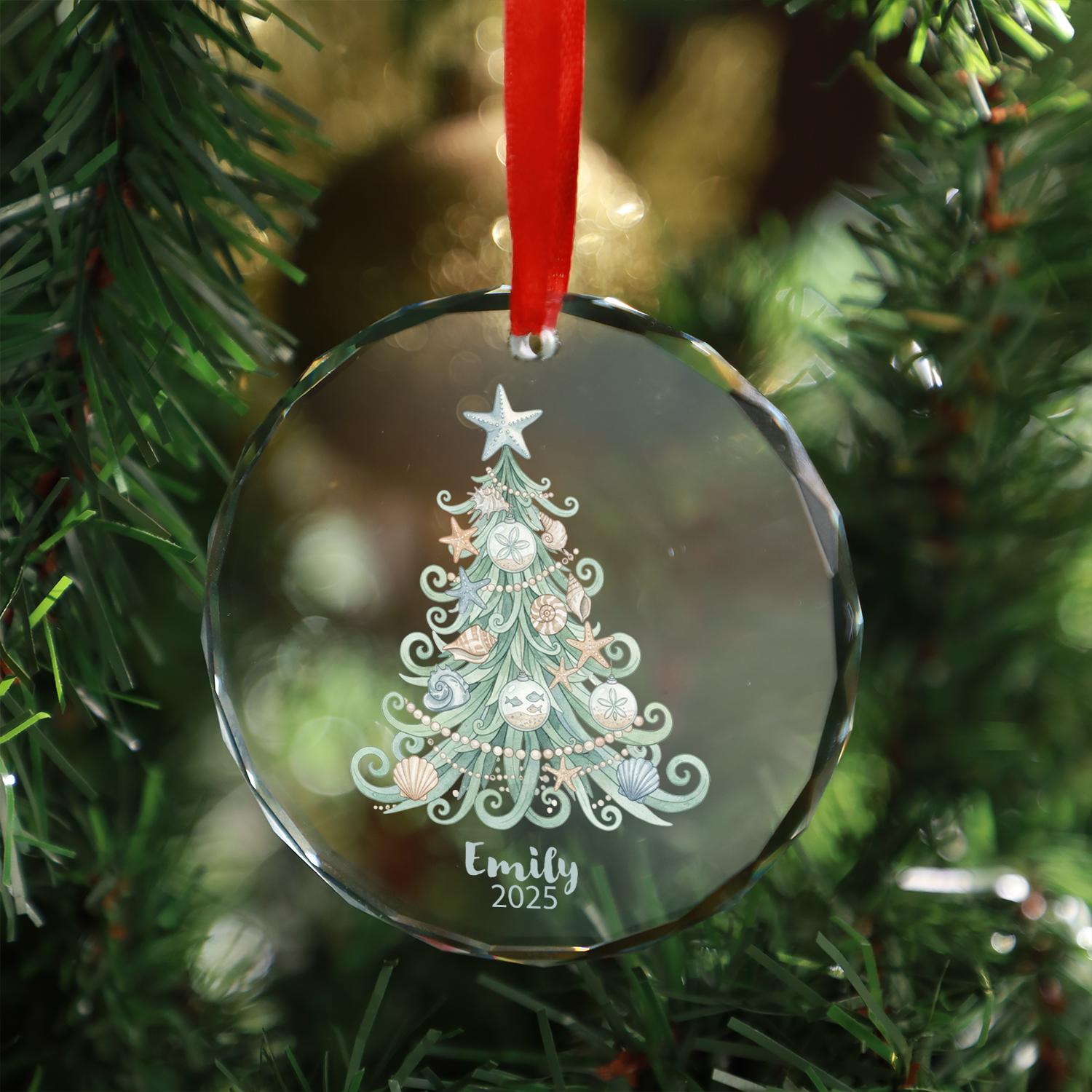 Personalized Glass Christmas Ornament – Custom Name & Year Holiday Keepsake with Seashell Tree