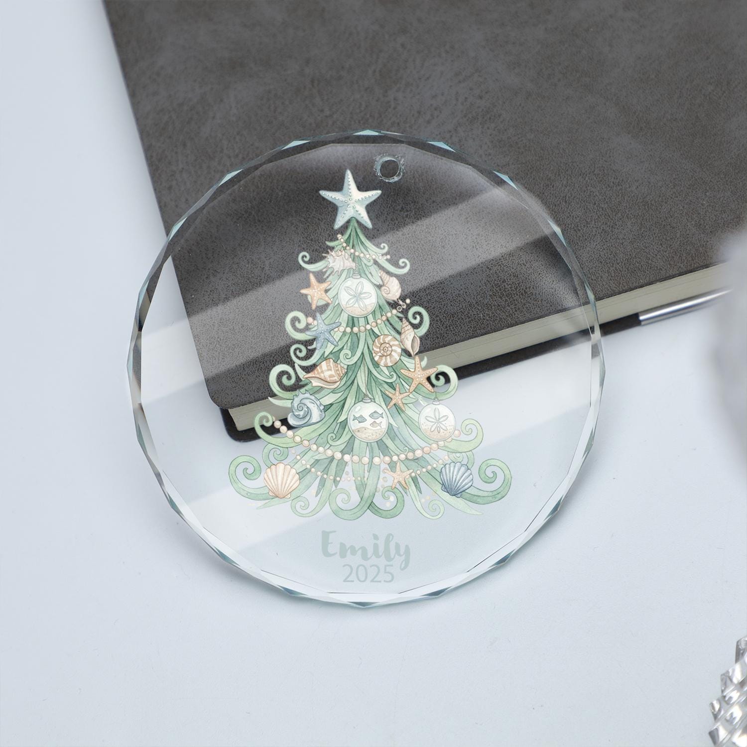 Personalized Glass Christmas Ornament – Custom Name & Year Holiday Keepsake with Seashell Tree