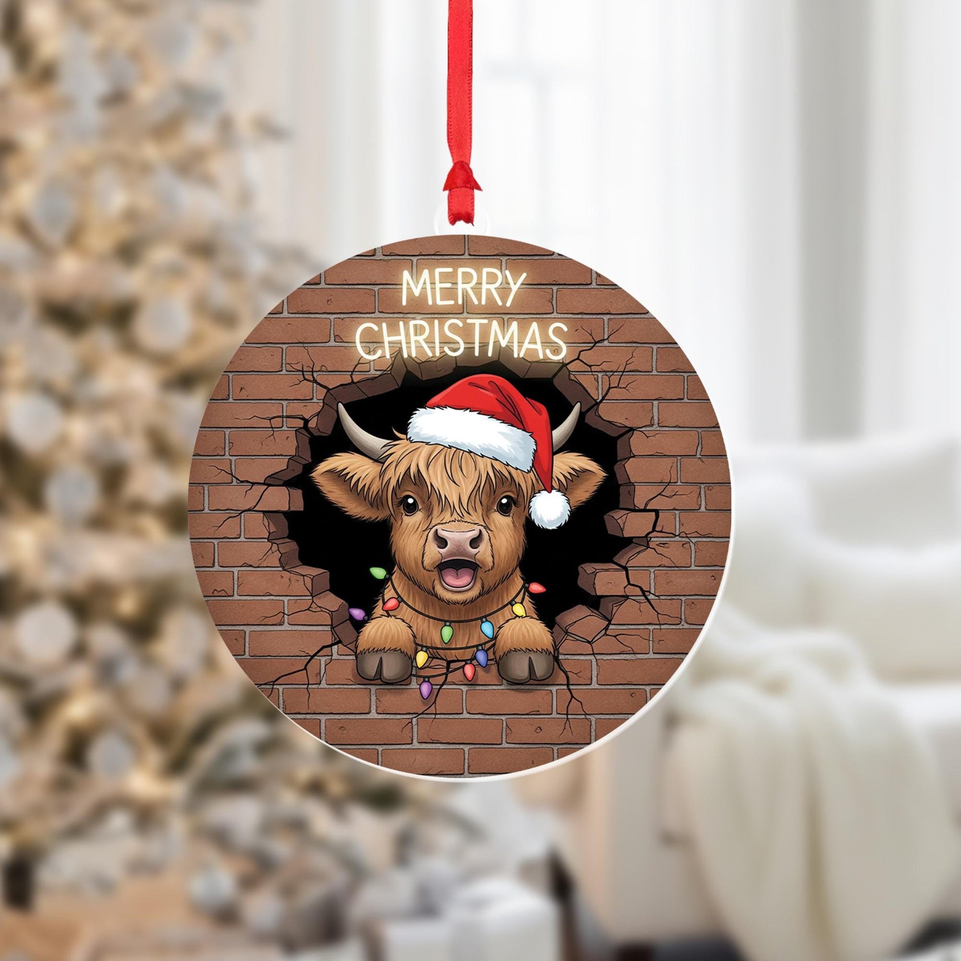Highland Cow Christmas Ornament, Cute Farm Animal Holiday Decor, Funny Cow Ornament with Santa Hat, Rustic Country Christmas Gift