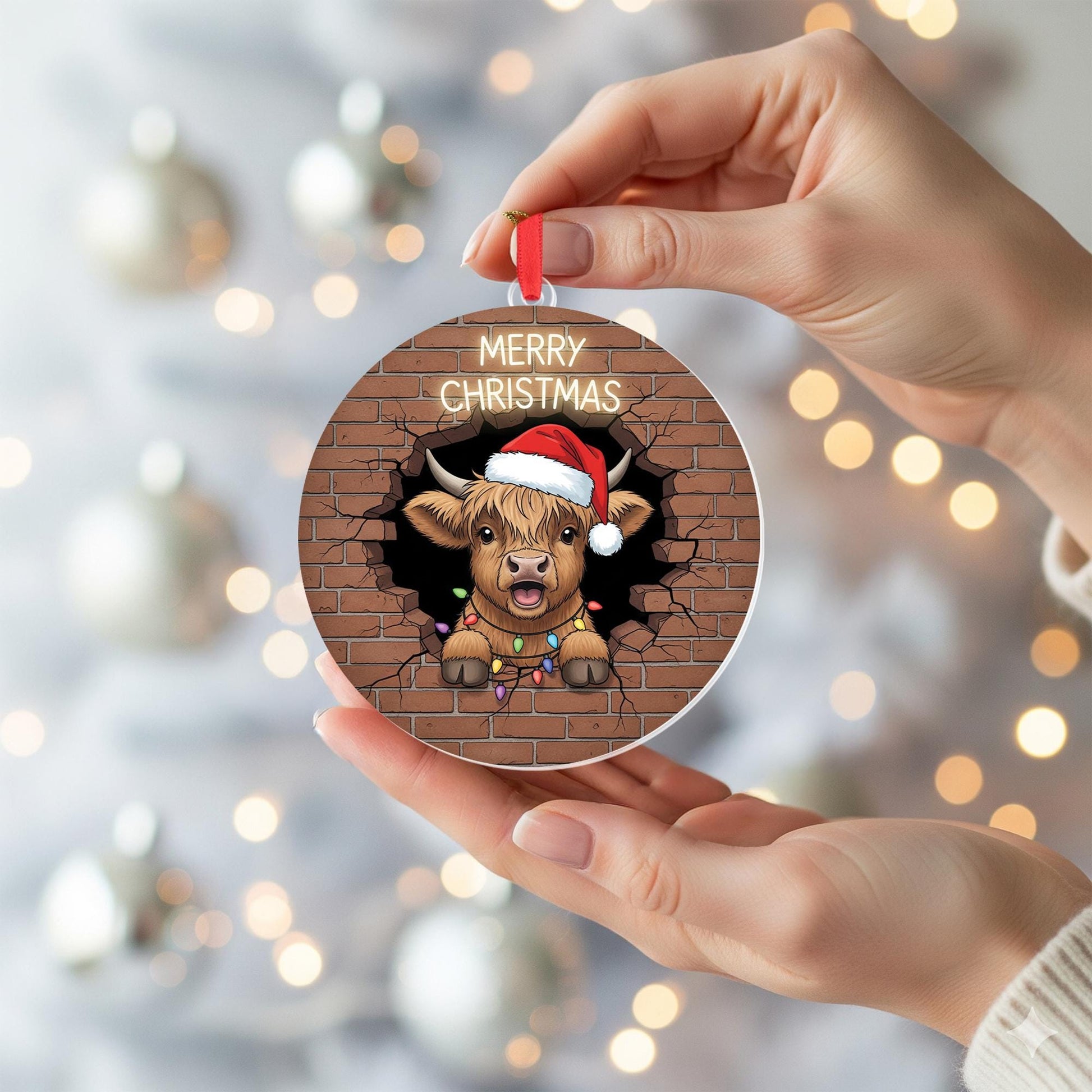 Highland Cow Christmas Ornament, Cute Farm Animal Holiday Decor, Funny Cow Ornament with Santa Hat, Rustic Country Christmas Gift